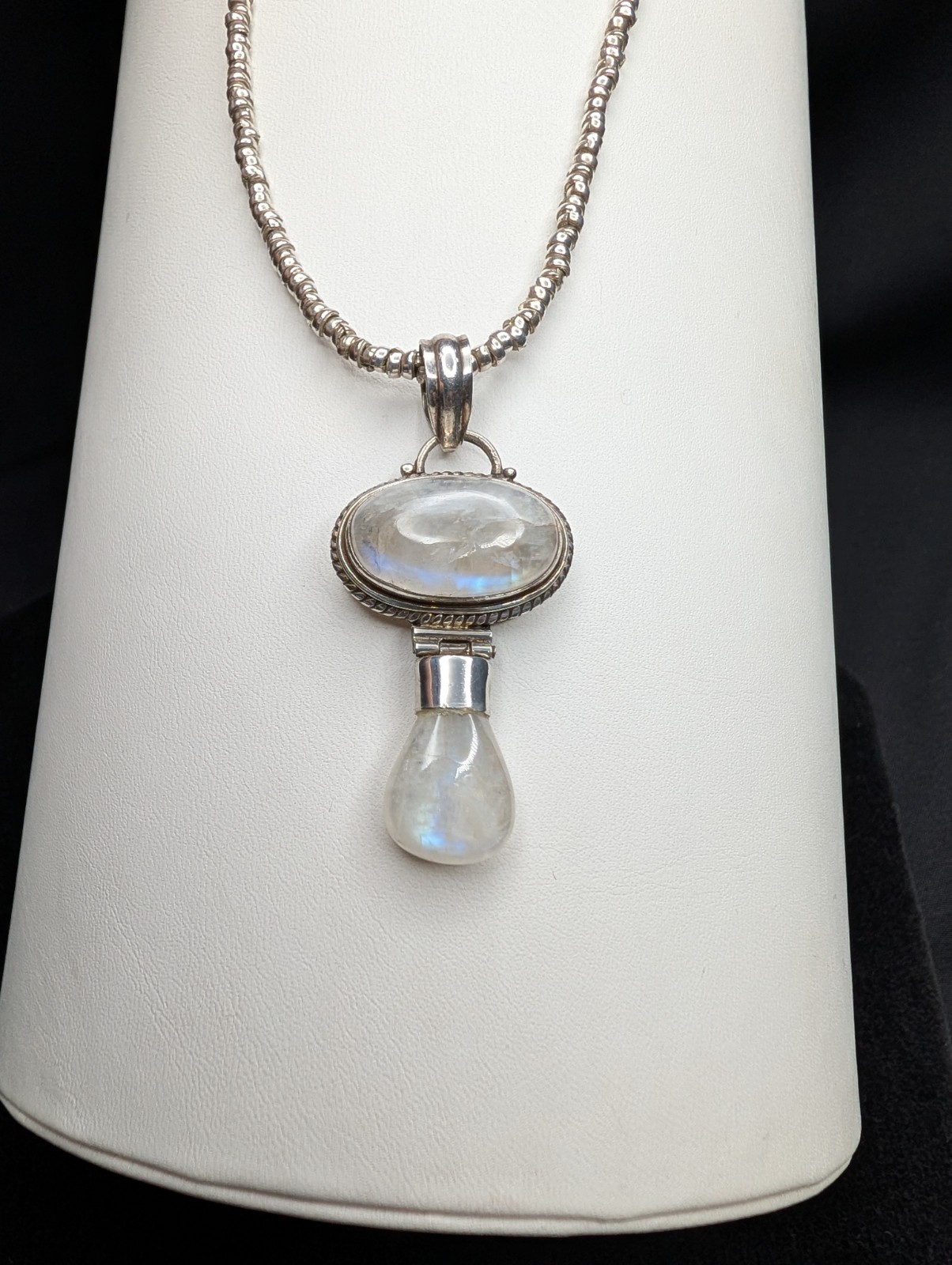 Moonstone Pendant With Sterling Silver Beaded Necklace