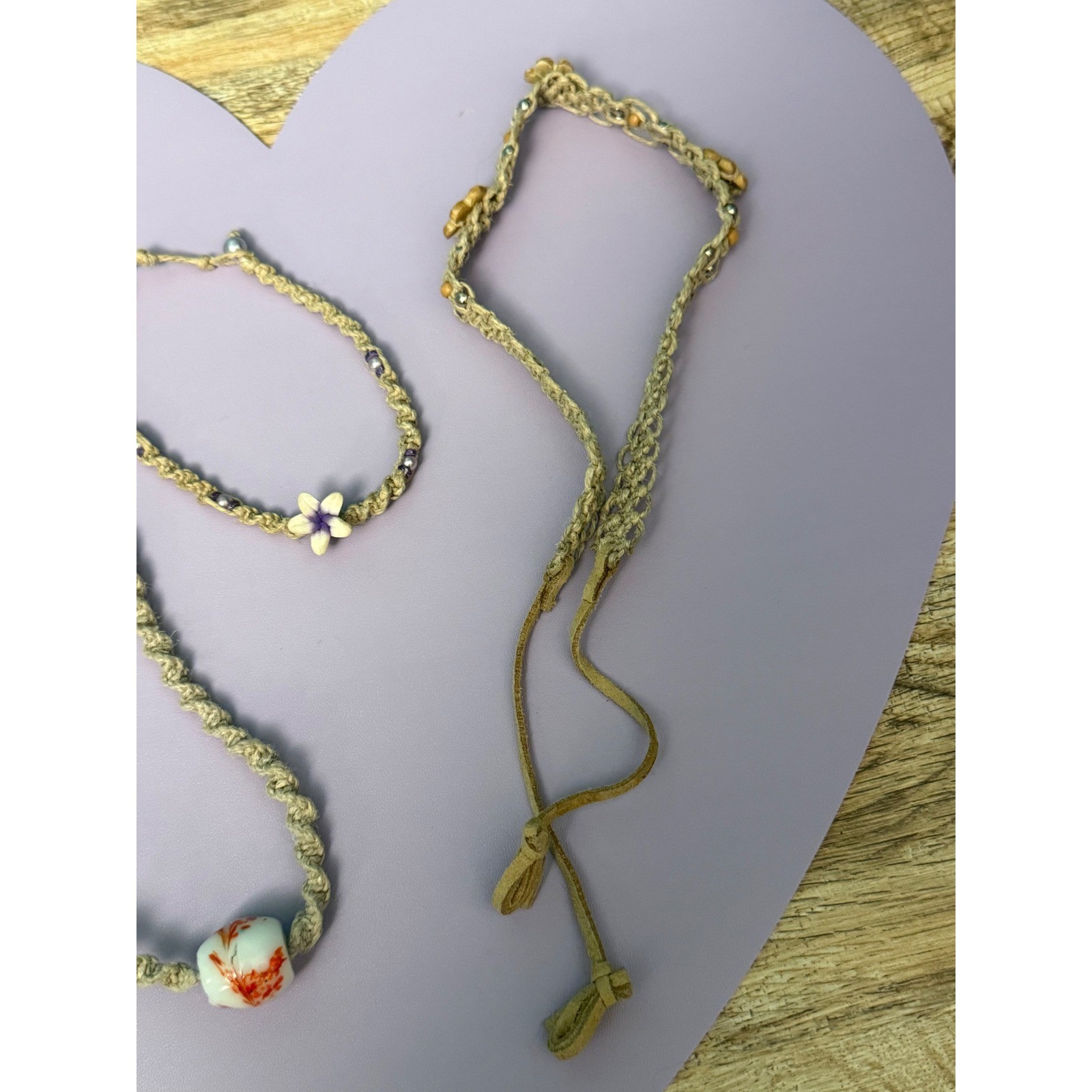 Hemp Jewelry Set Beige Macrame Floral Beaded Boho Necklace Bracelet Anklet
