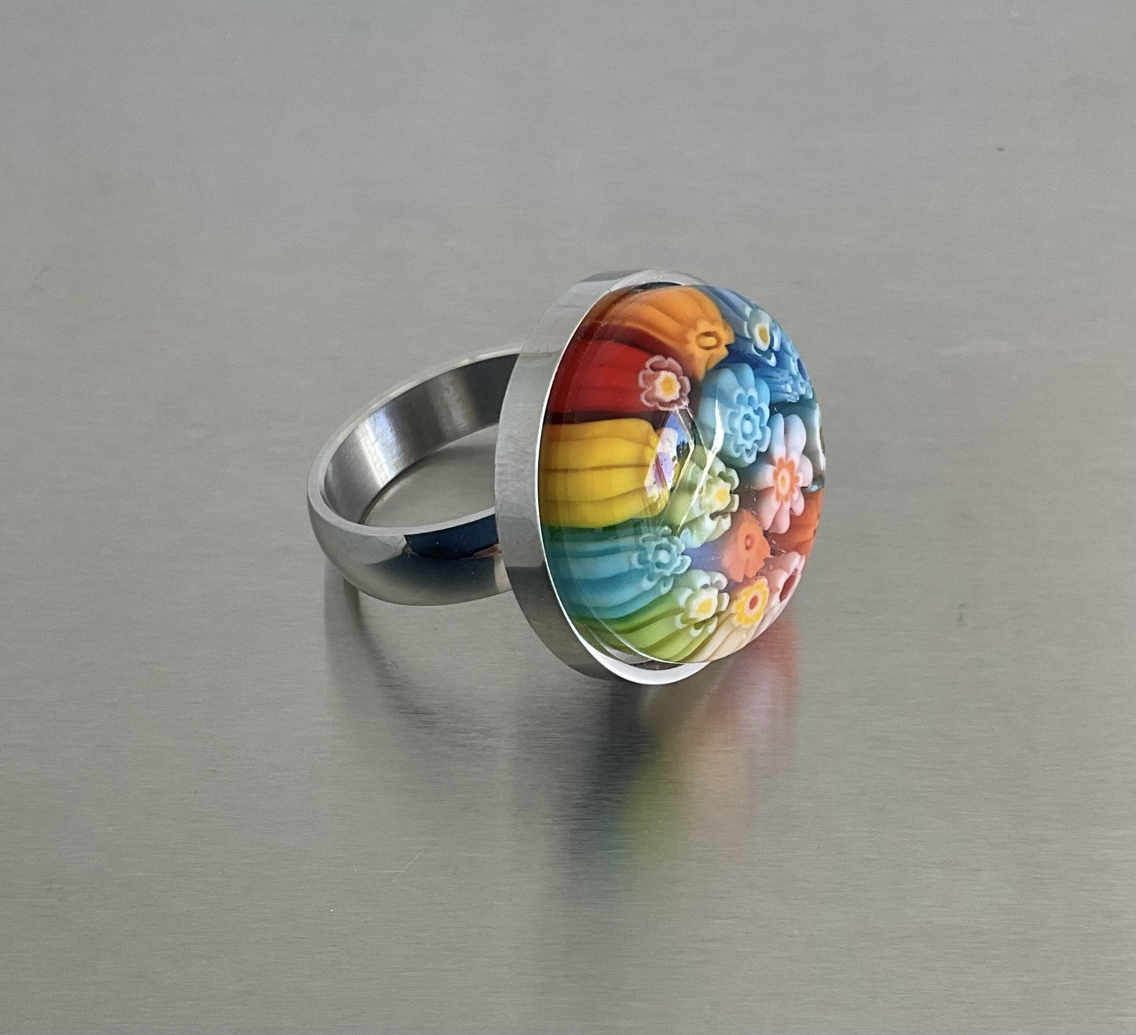 Multi Color Round Murano Millefiori Style Glass Ring Stainless Steel SZ 6, 9, 10