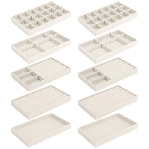 10 Pack Jewelry Organizer Tray Drawer Inserts Stackable Velvet Liner Beige
