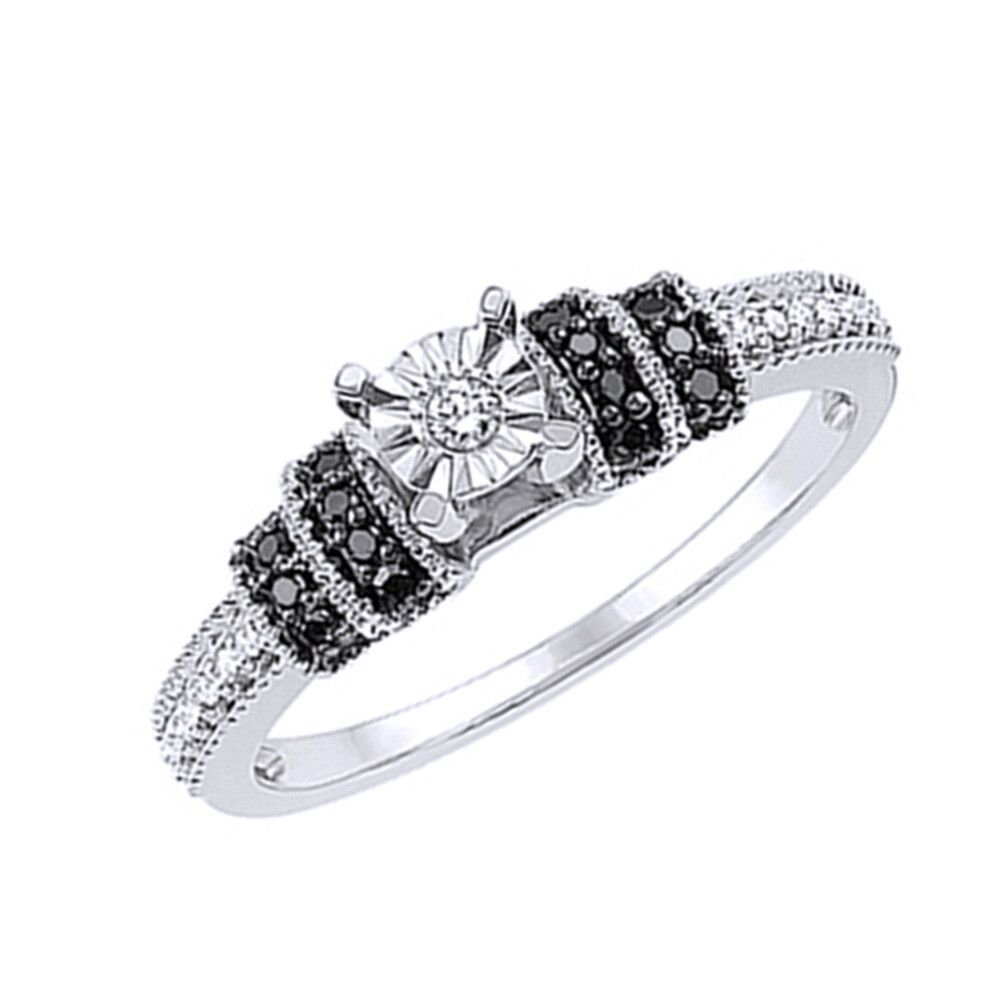 1/8 Ct Black & White Natural Diamond Promise Ring Sterling Silver 925