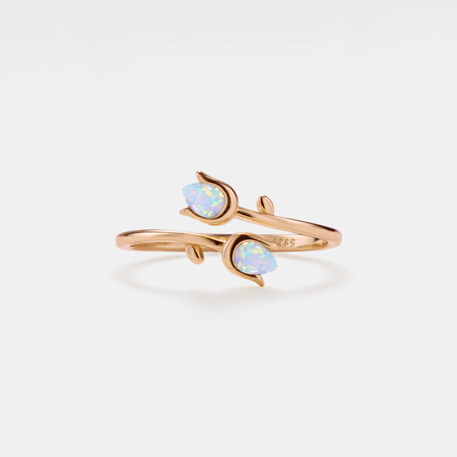 Dainty Opal Tulip Flower Stacking Bypass Ring in 925 Sterling Silver