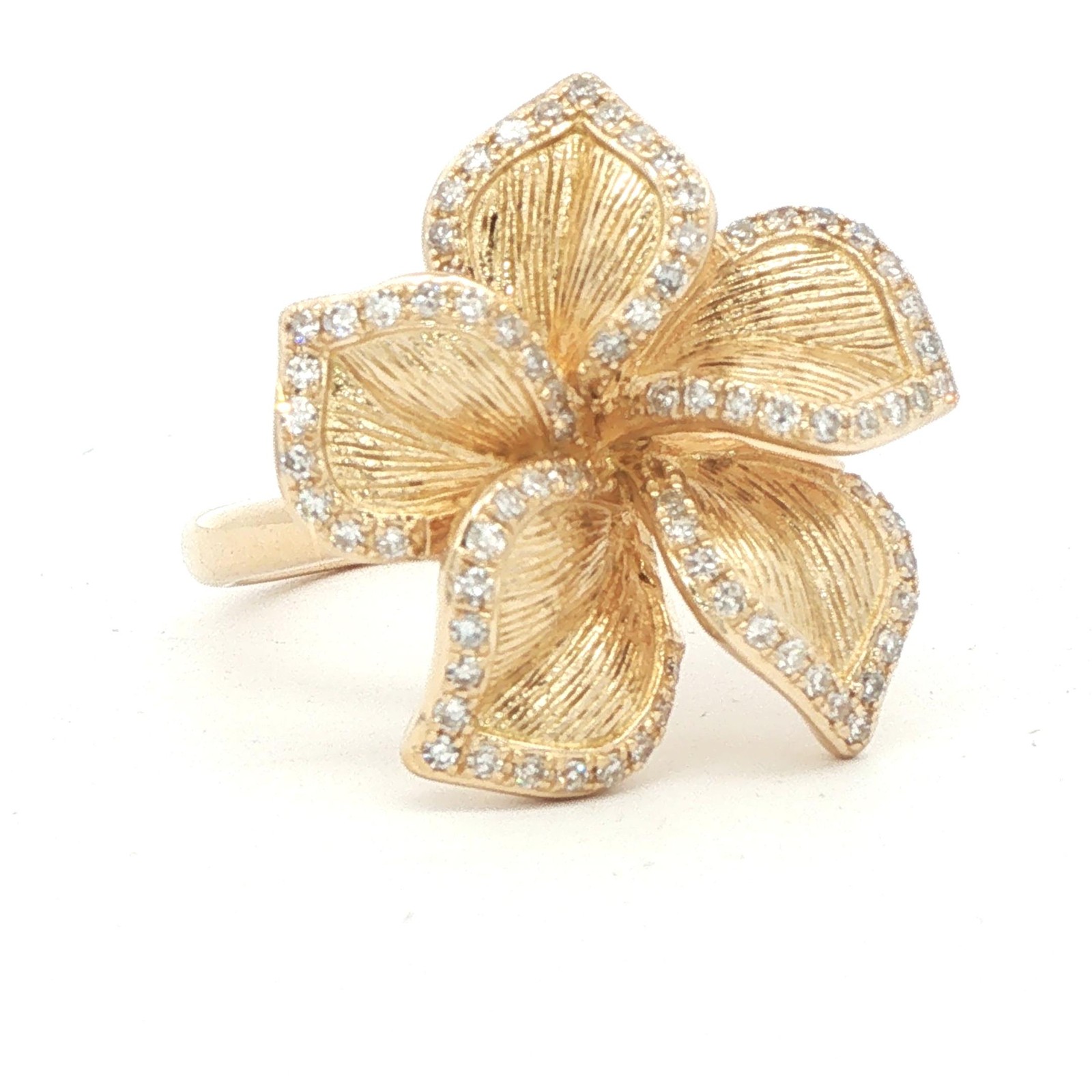 EFFY 14K Gold Pave Round Diamond Accent 5-Petals Ribbed Flower Statement Ring