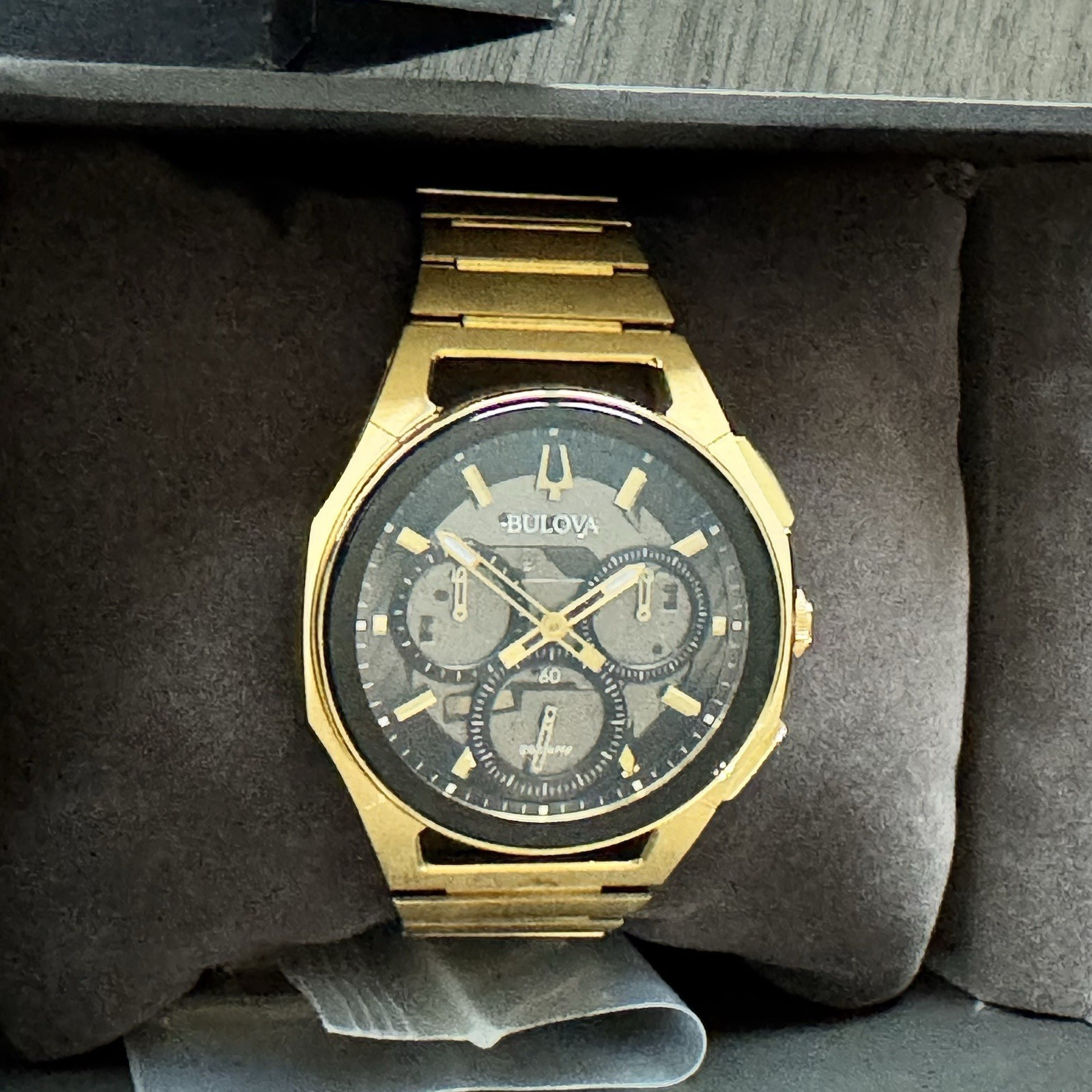 Bulova Curv Black Dial Men’s Watch – 97A144 Gold Tone Stainless