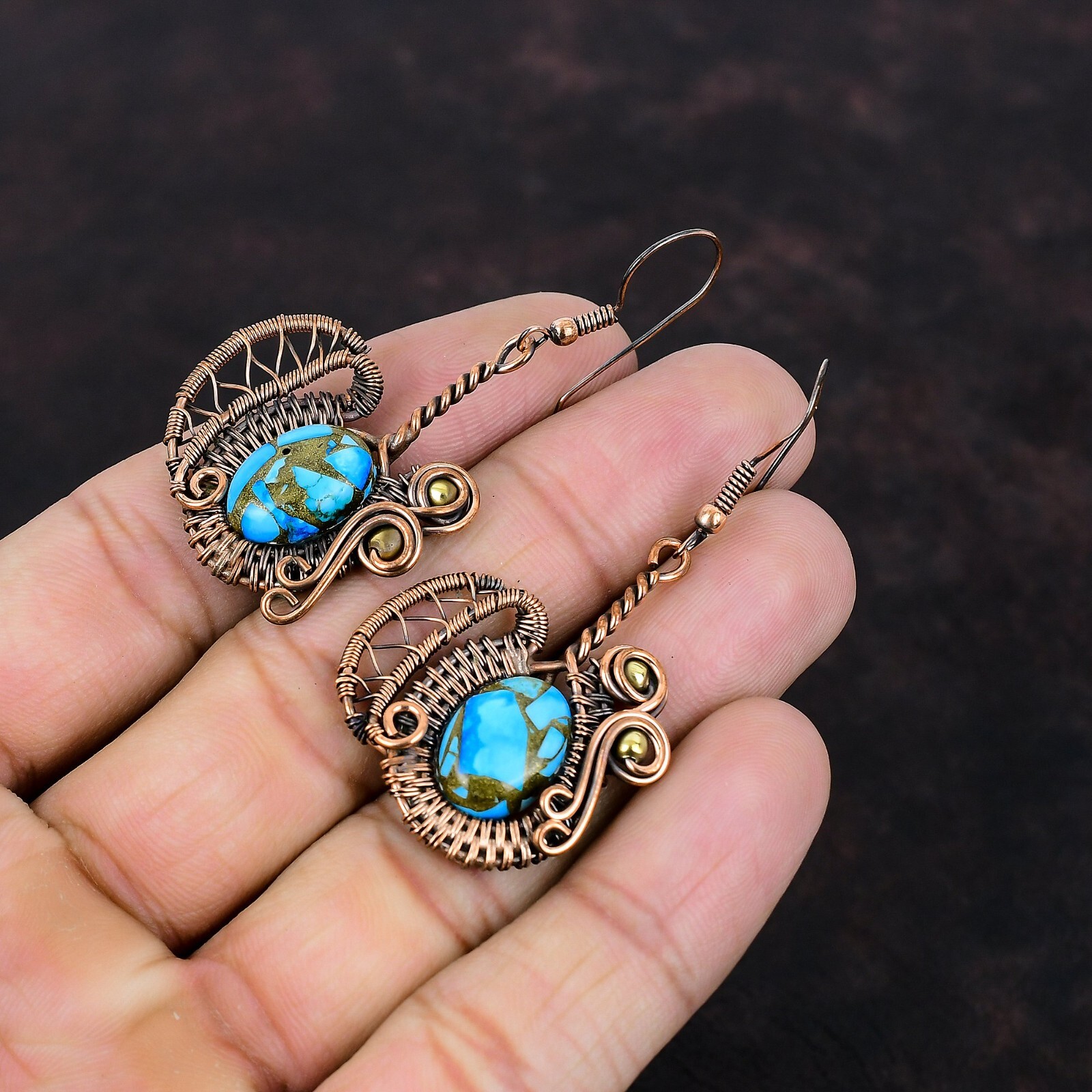 Blue Turquoise Copper Gift For Love Wire Wrapped Drop/Dangle Earrings 2.32″