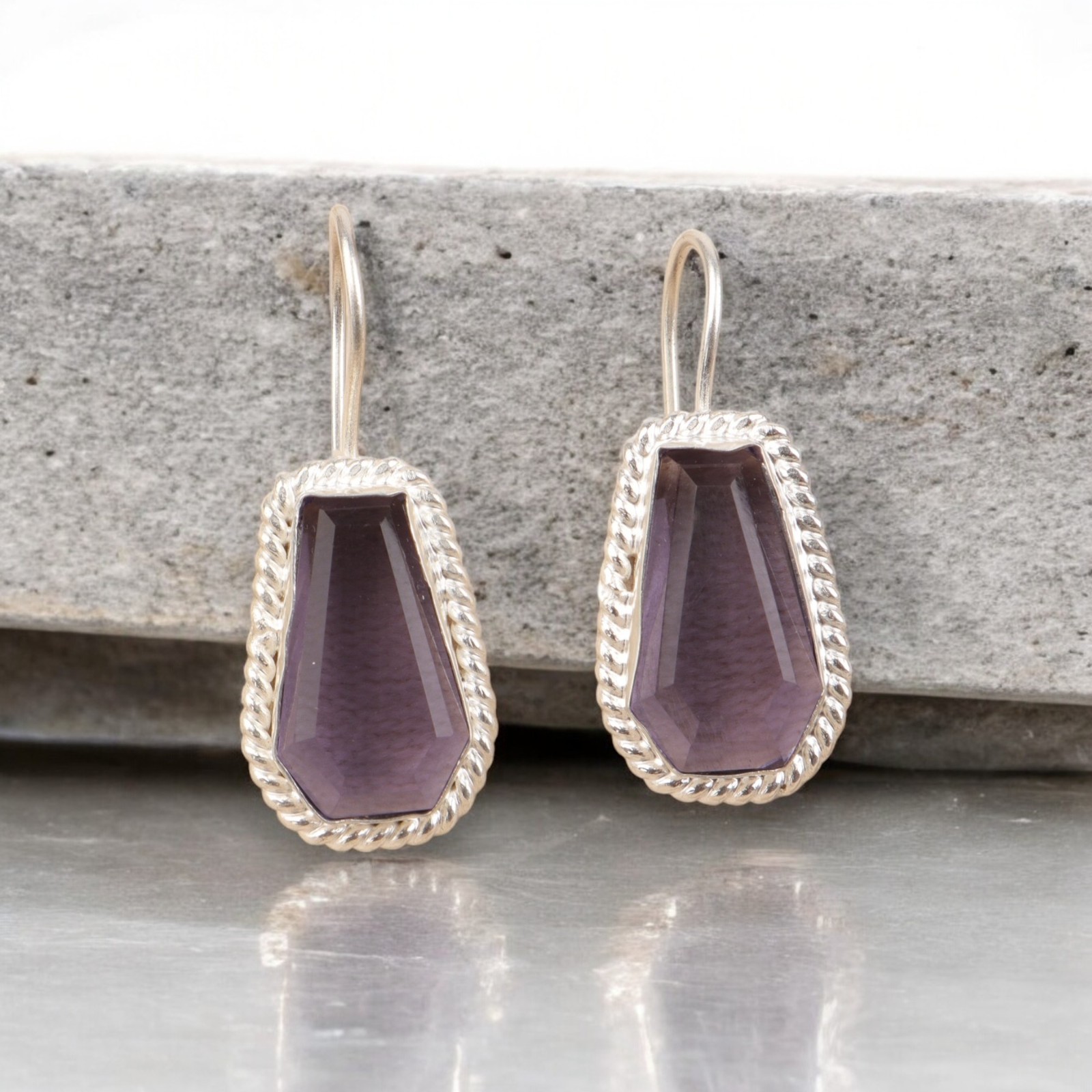 Natural Iolite Gemstone 925 Silver Jewelry Handmade Modern Coffin Earring 1.30″