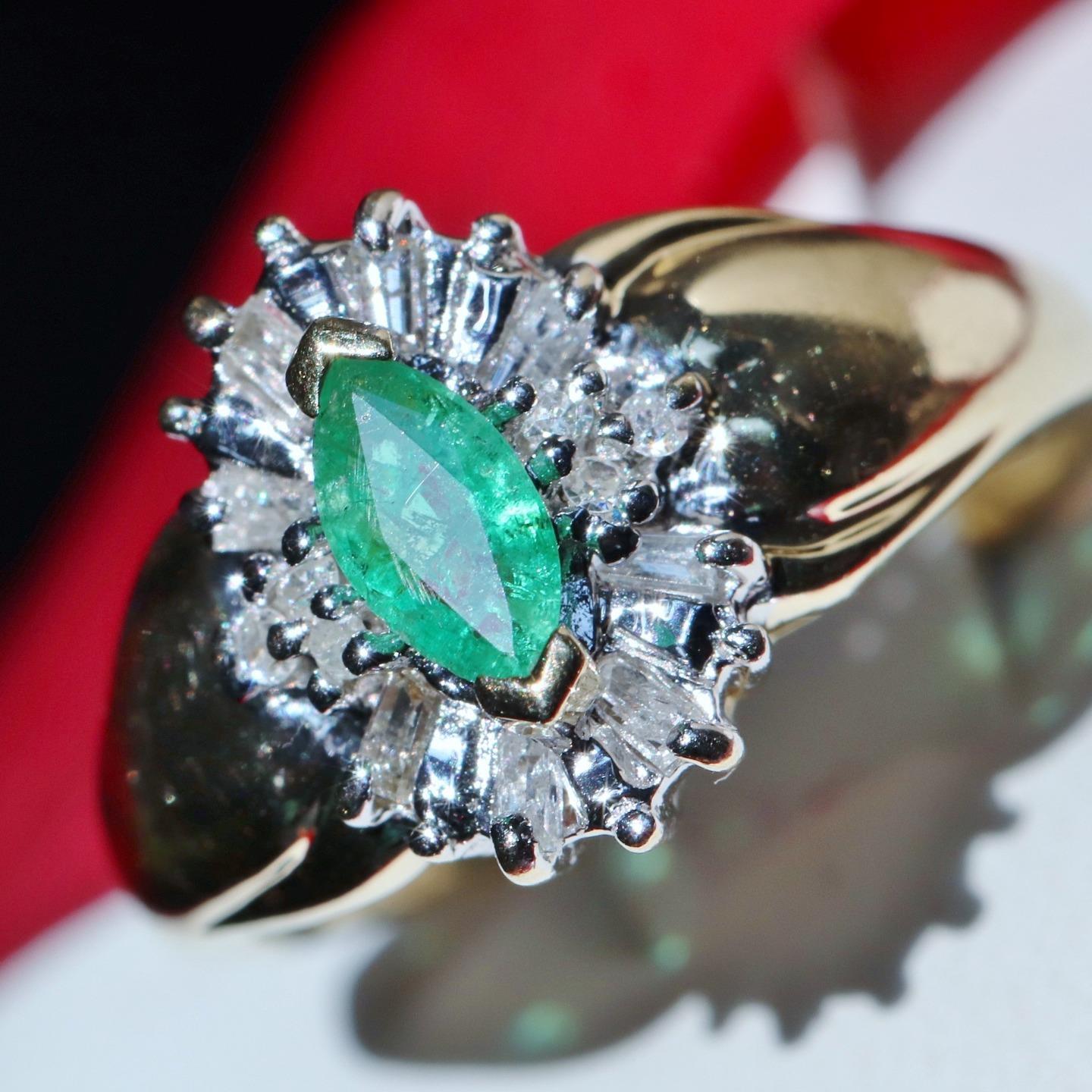 14k yellow gold size 4.5ring 0.37ct natural, treated emerald diamond 3.25gr vtg