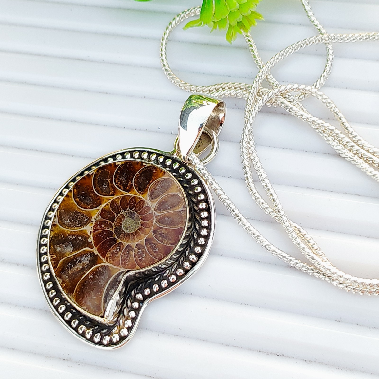 Ammonite Fossil Gemstone Pendant 925 Sterling Silver Jewelry Necklace.