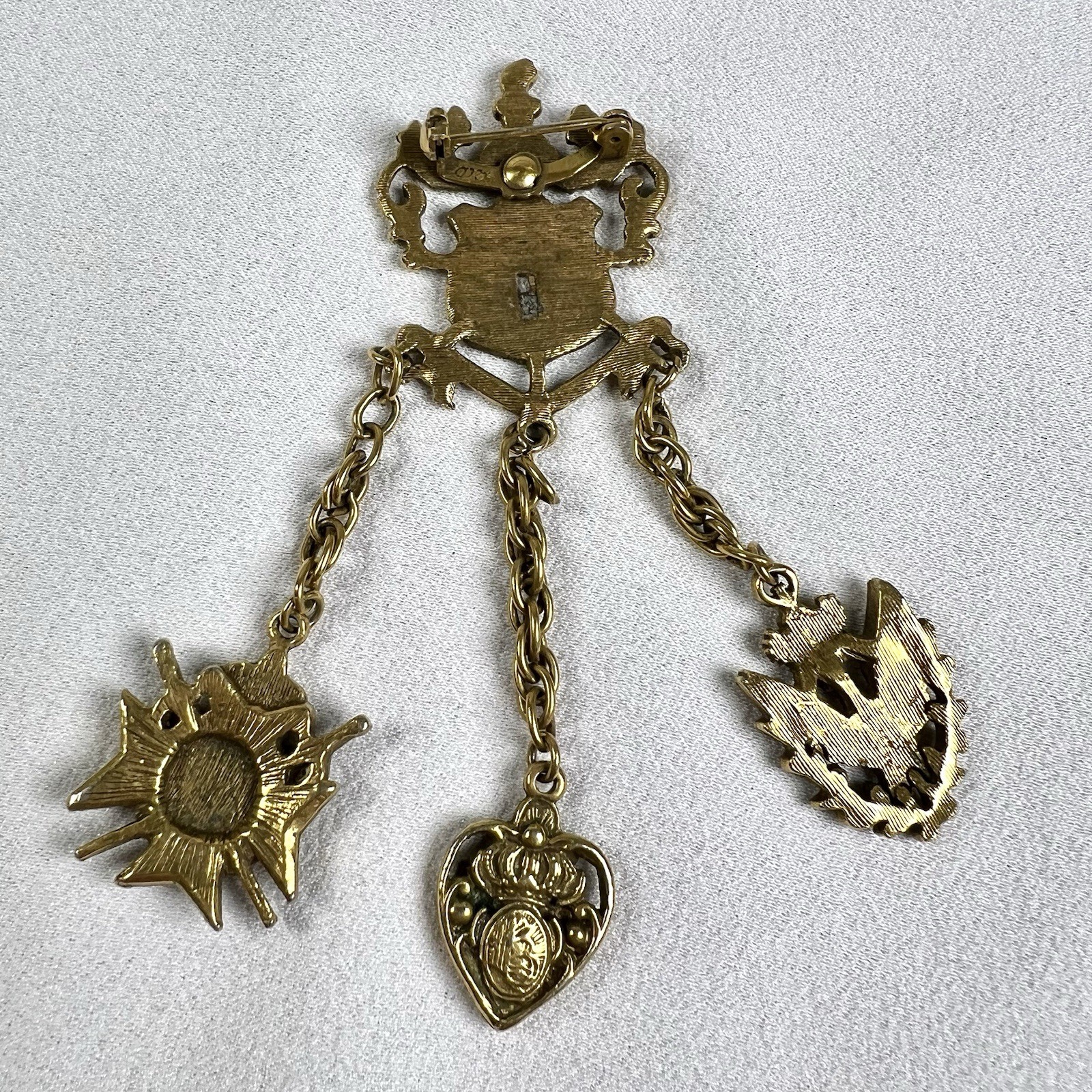 VTG Coro Chatelaine Brooch Gold Fleur de Lis Shield Eagle Royal Lion Heart Crown