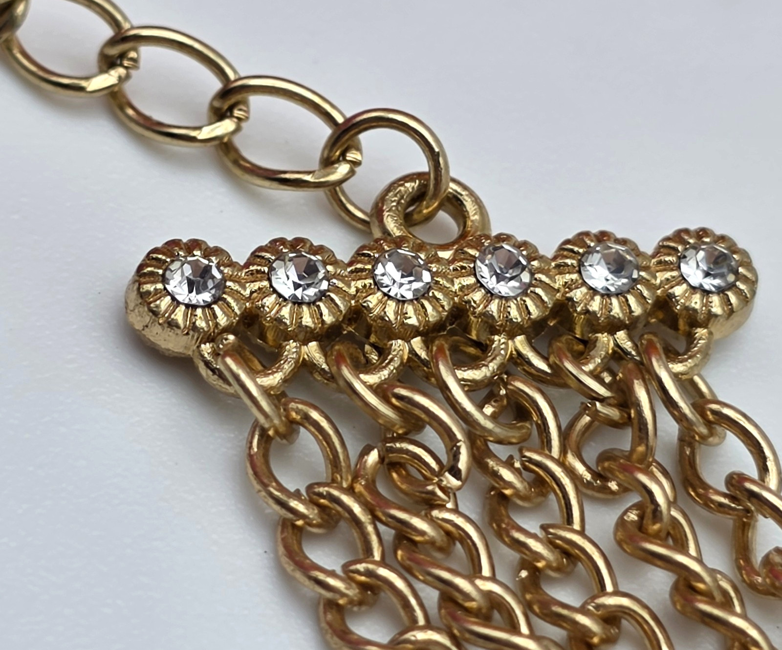 Gold Tone Clear Crystal White Faux Pearl 5 Strand Statement Bracelet 8-9.5 In