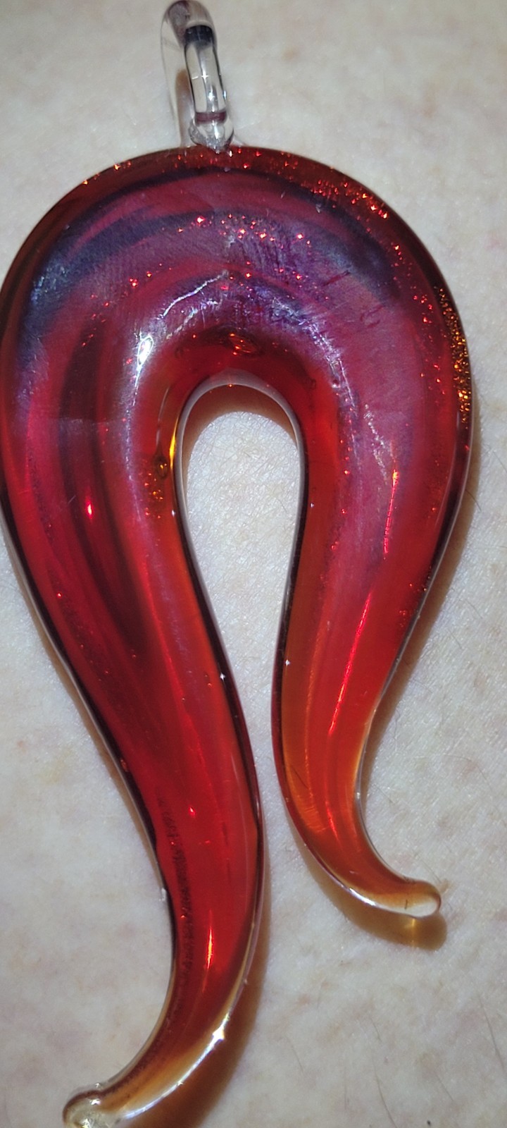 Hand Blown Glass Teardrop Pendant Red Swirl w/ Gold Glitter Accents