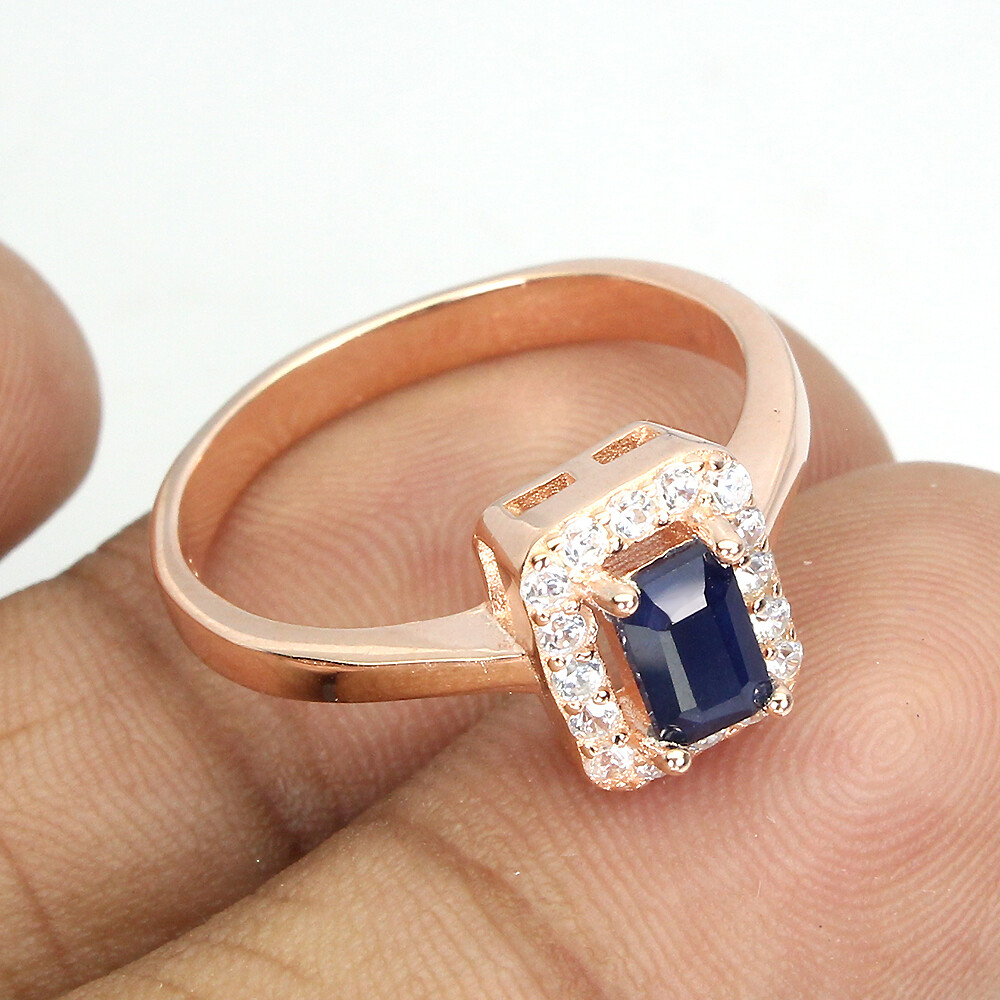 925 Sterling Silver Diffused Octagon Blue Sapphire 6x4mm Simulated Cz Ring Sz 8