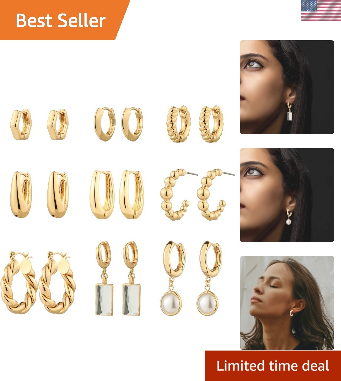 Elegant 14K Gold Plated Hoop Earrings Set – 9 Stylish Pairs for Every Occasion