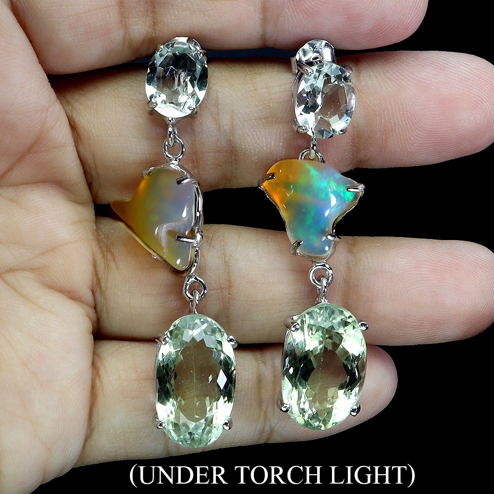 925 Sterling Silver Earrings Oval Green Amethyst 38ct Opal Handmade Gemstone