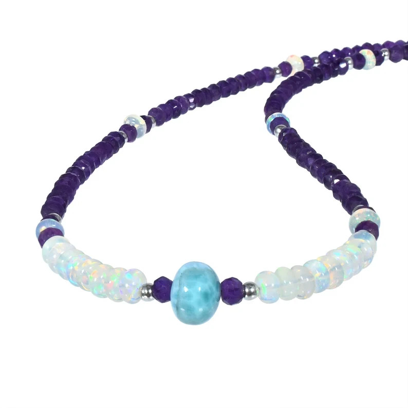 Natural Welo Fire Opal & Amethyst Beaded Necklace 925 Silver Handmade Gift 18″