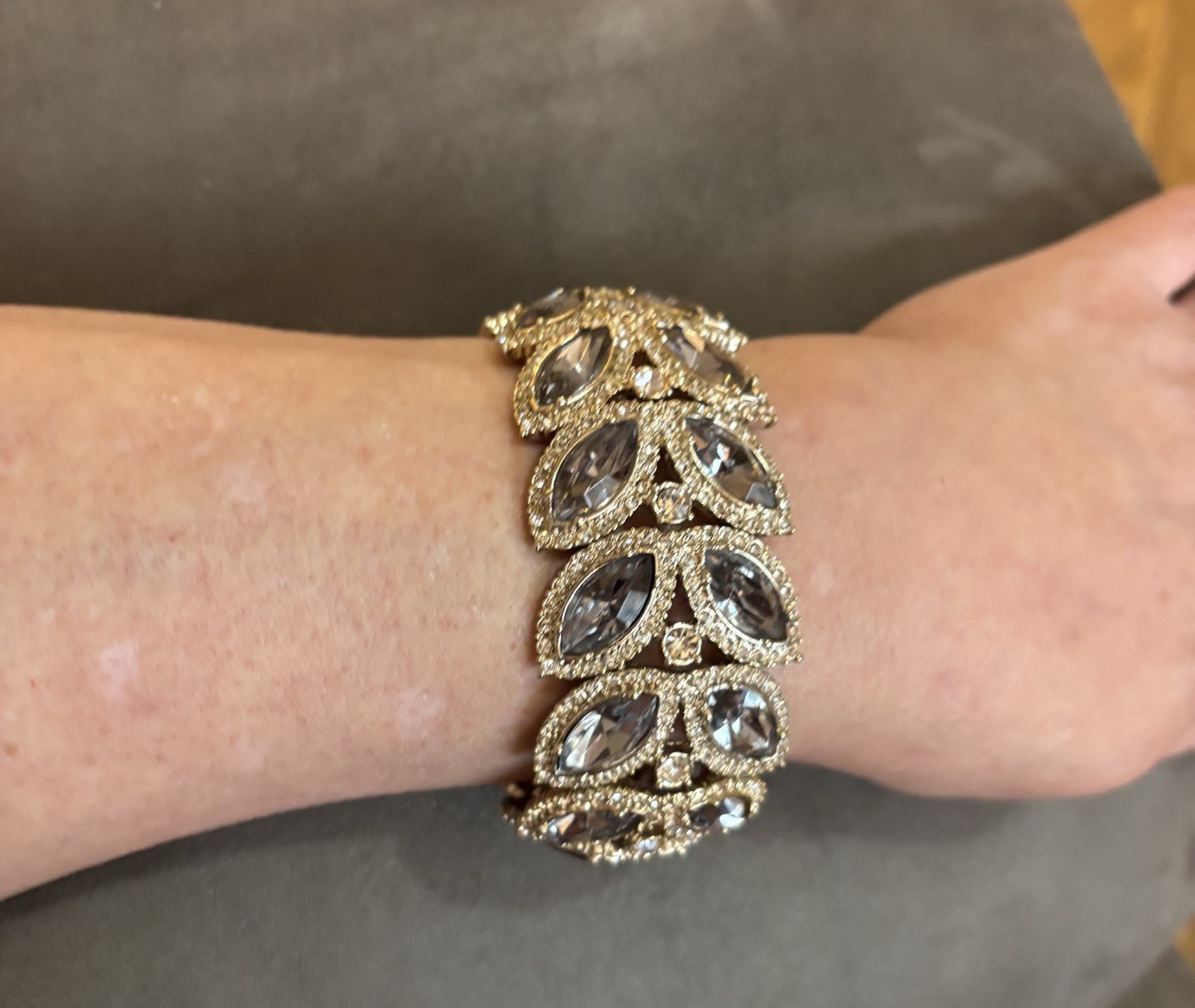 Vintage Crystal Wide Bracelet Angular Design Special Occasion Smokey-Gray 7in