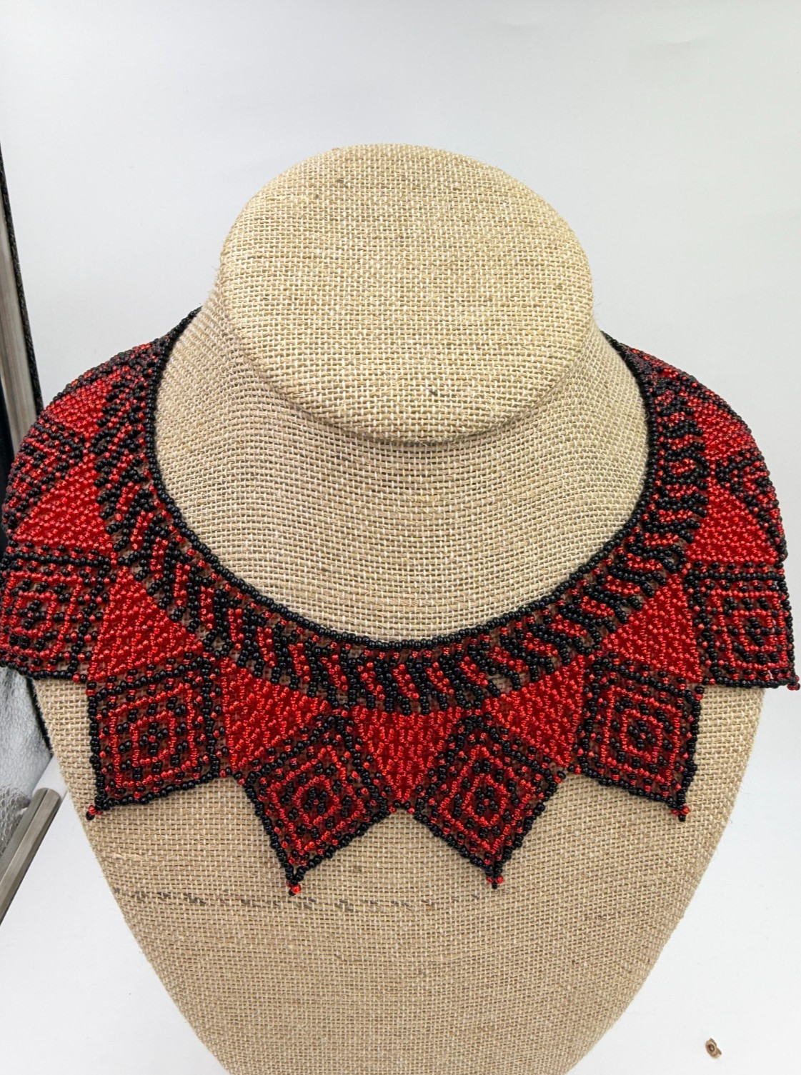 Vintage Necklace Collar Bib Seed Bead Red Black 15 Inches Folk Art Handmade