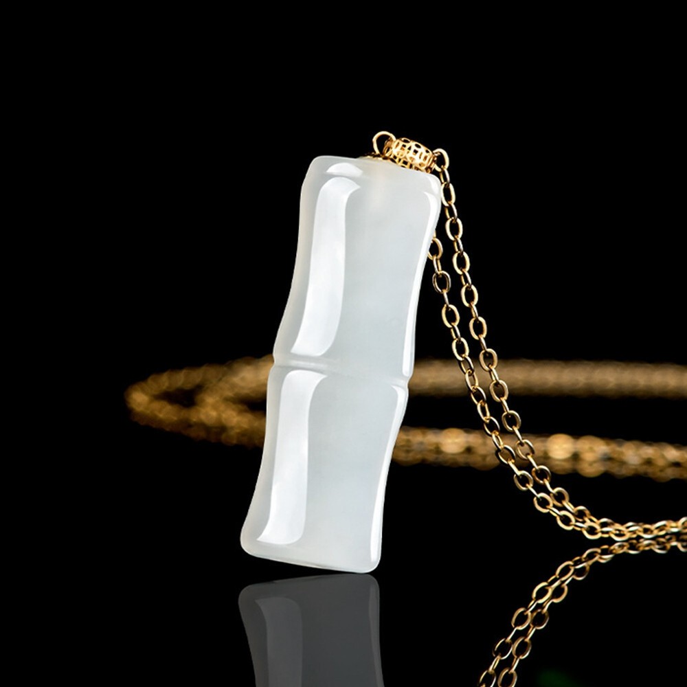 Certified White Natural AAA HeTian Jade 18K Solid Gold Bamboo Pendant Necklace