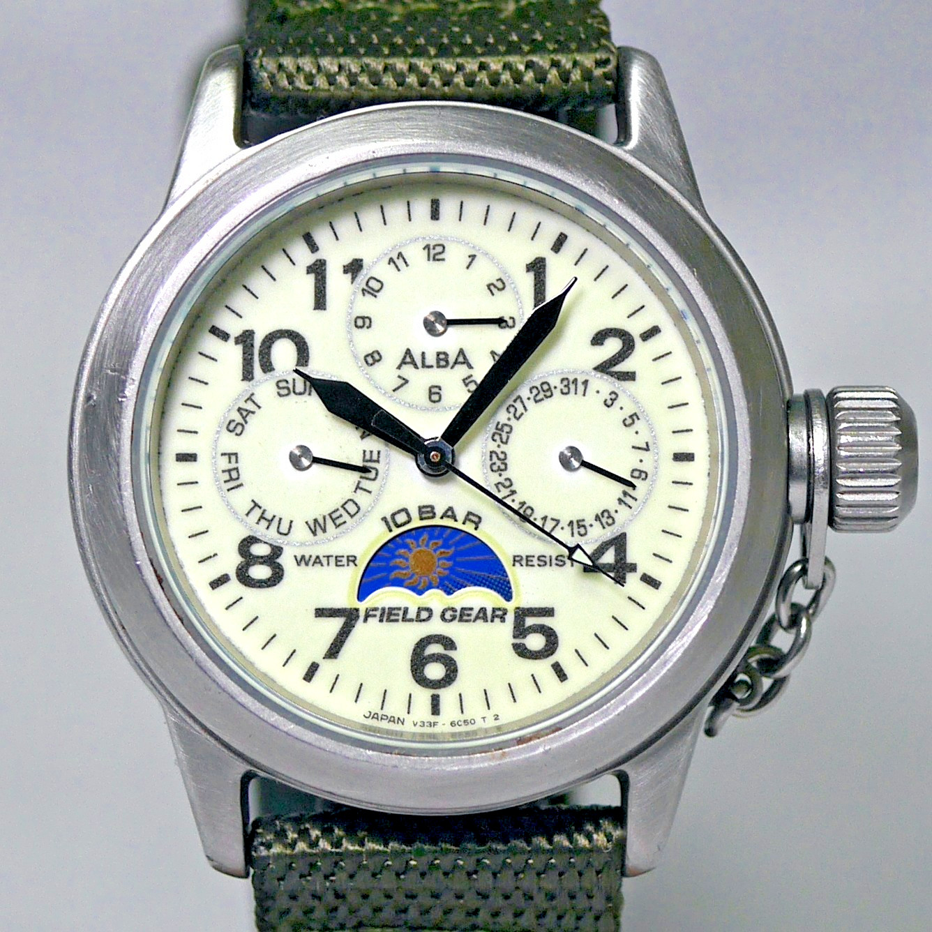 SEIKO ALBA FIELD GEAR V33F-6C50 Sun&Moon Triple Calendar Men’s Watch 1996 Japan