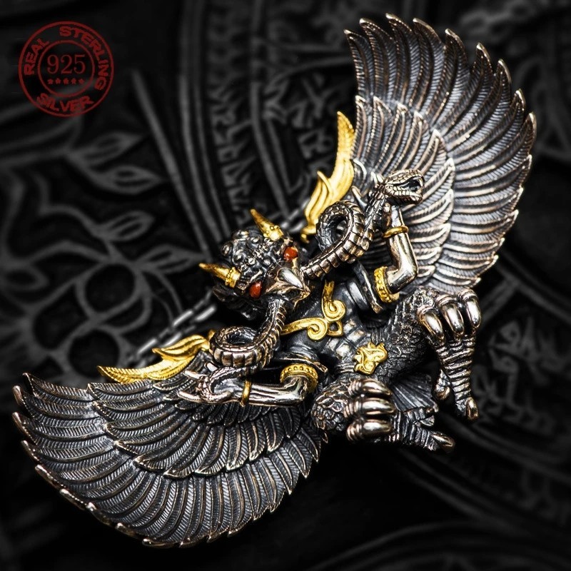 S925 Sterling Silver Golden Winged Bird Tibetan Amulet Pendant Necklace Unisex