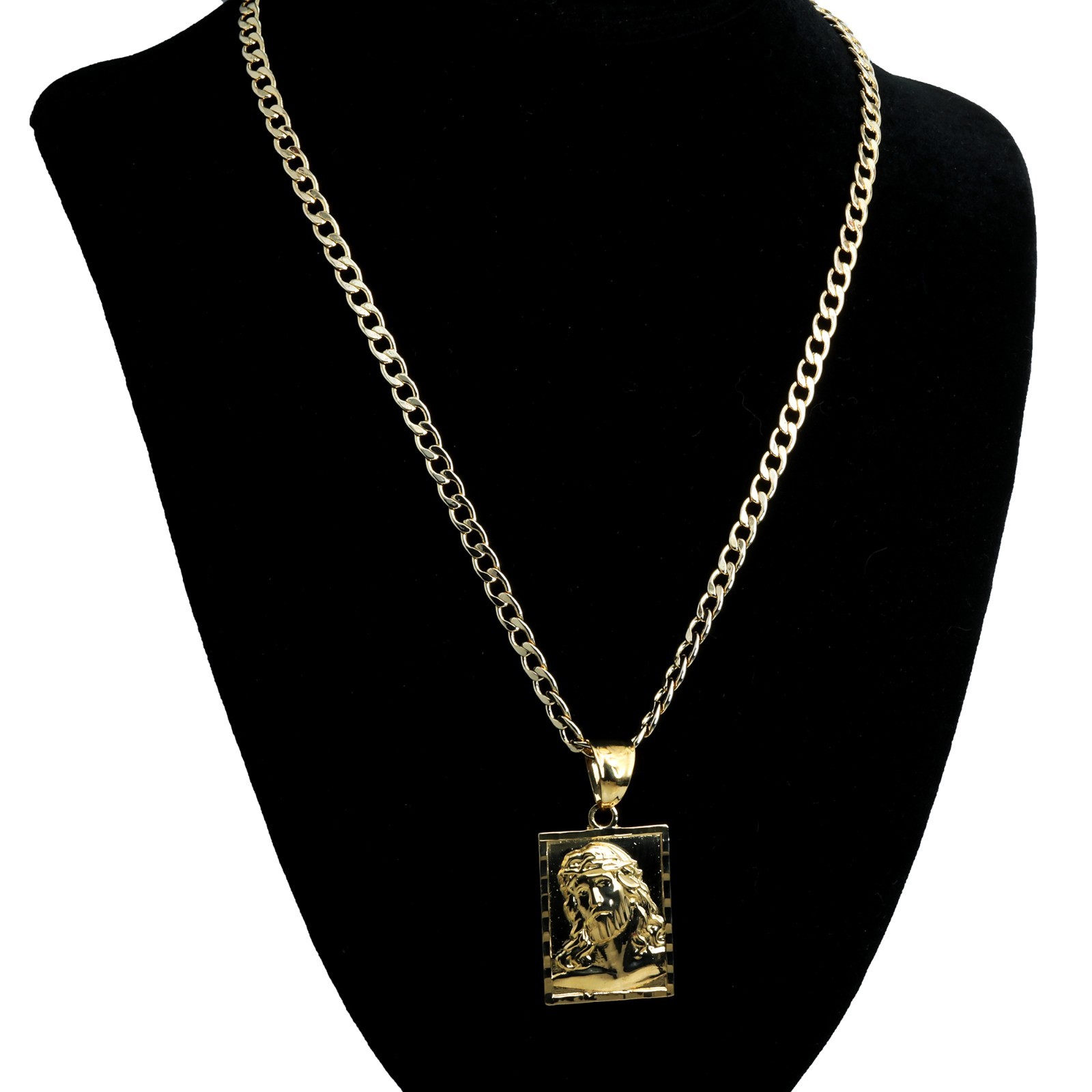 Block Jesus Face Charm Pendant 14k Gold Plated Brass 5mm 20″ Cuban Choker Chain
