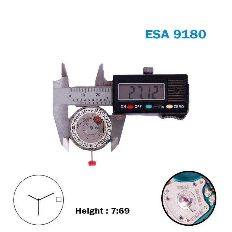 ESA 9180 Swiss Movement-3 Hands-White Date Disk At 3 (CR 05)-7 Jewels-H:7.69mm.