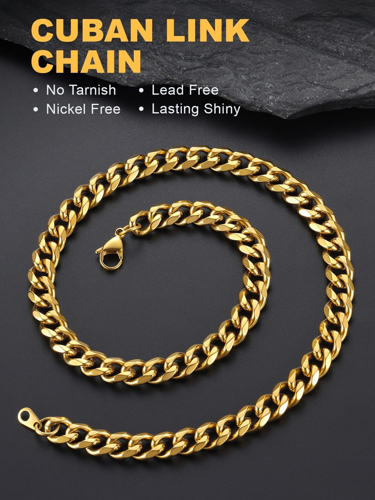 Chunky Cuban Link Chain Necklace, Stainless Steel Gold/Black, 14-30″ Curb Chain