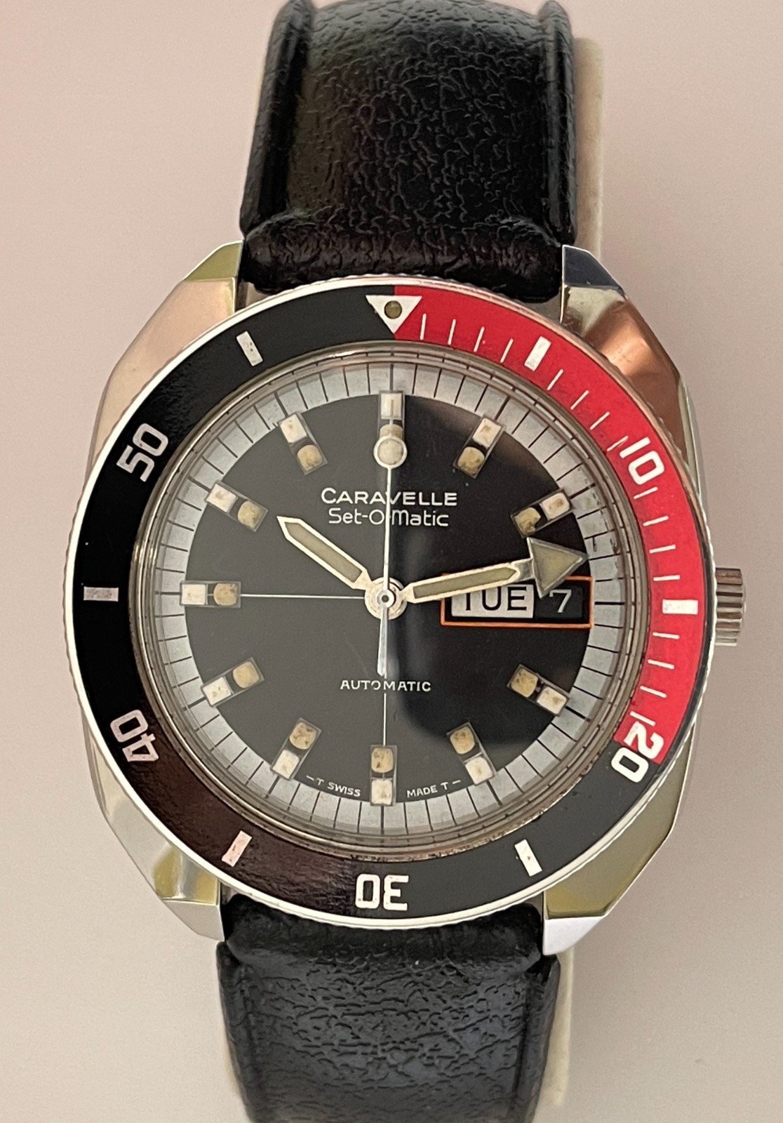 Vintage Caravelle Divers Watch Set-O-Matic Swiss Automatic Stainless Steel Antim