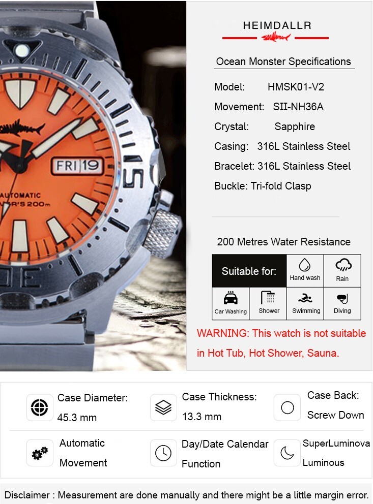 Heimdallr Sharkey Ocean Monster Diver NH36A Day Date Automatic 200M Watch C3 V2
