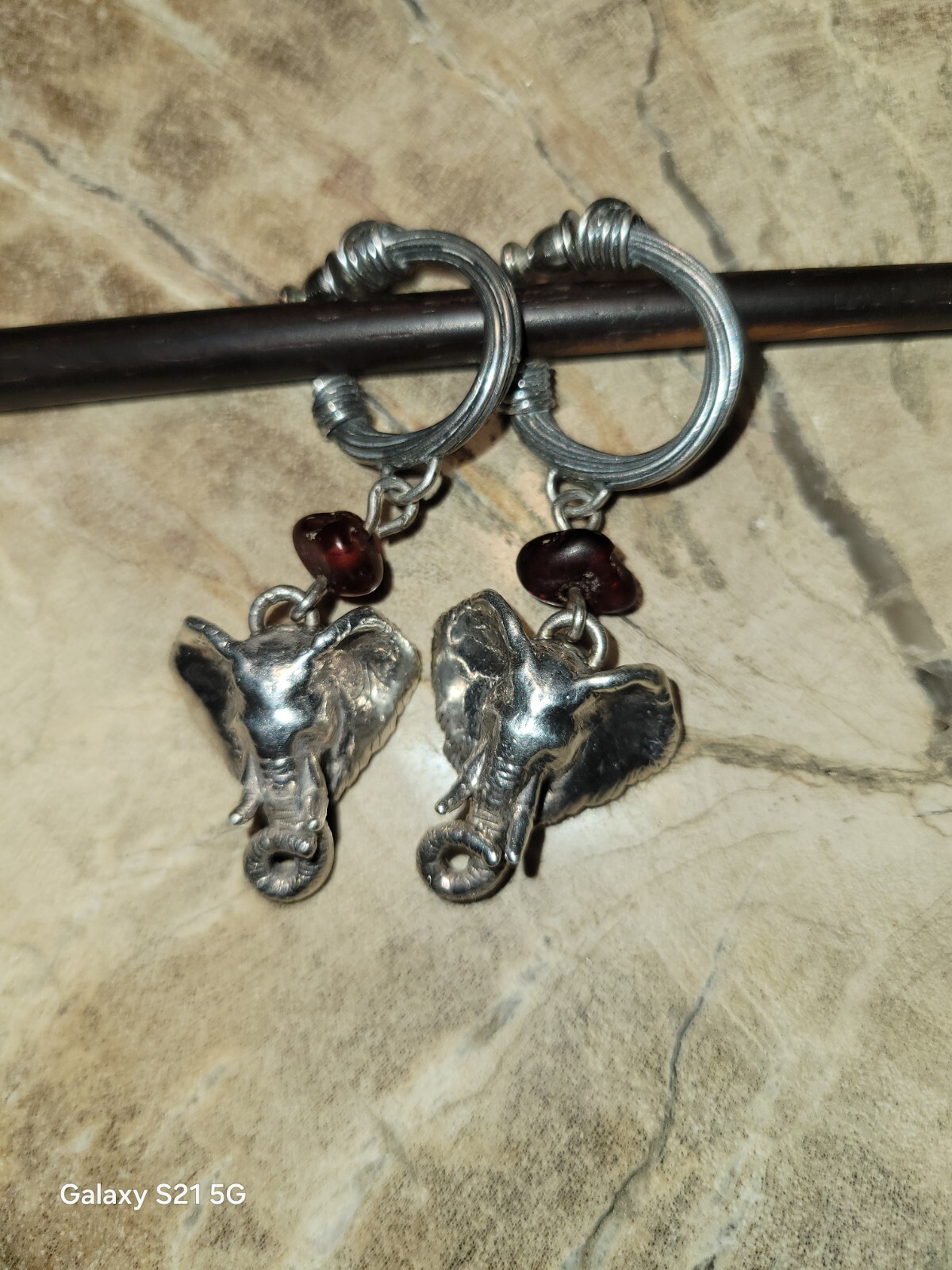 Susan Cummings Elephant Earrings Dangle Sterling Silver & Amber 2″ Long 1990s