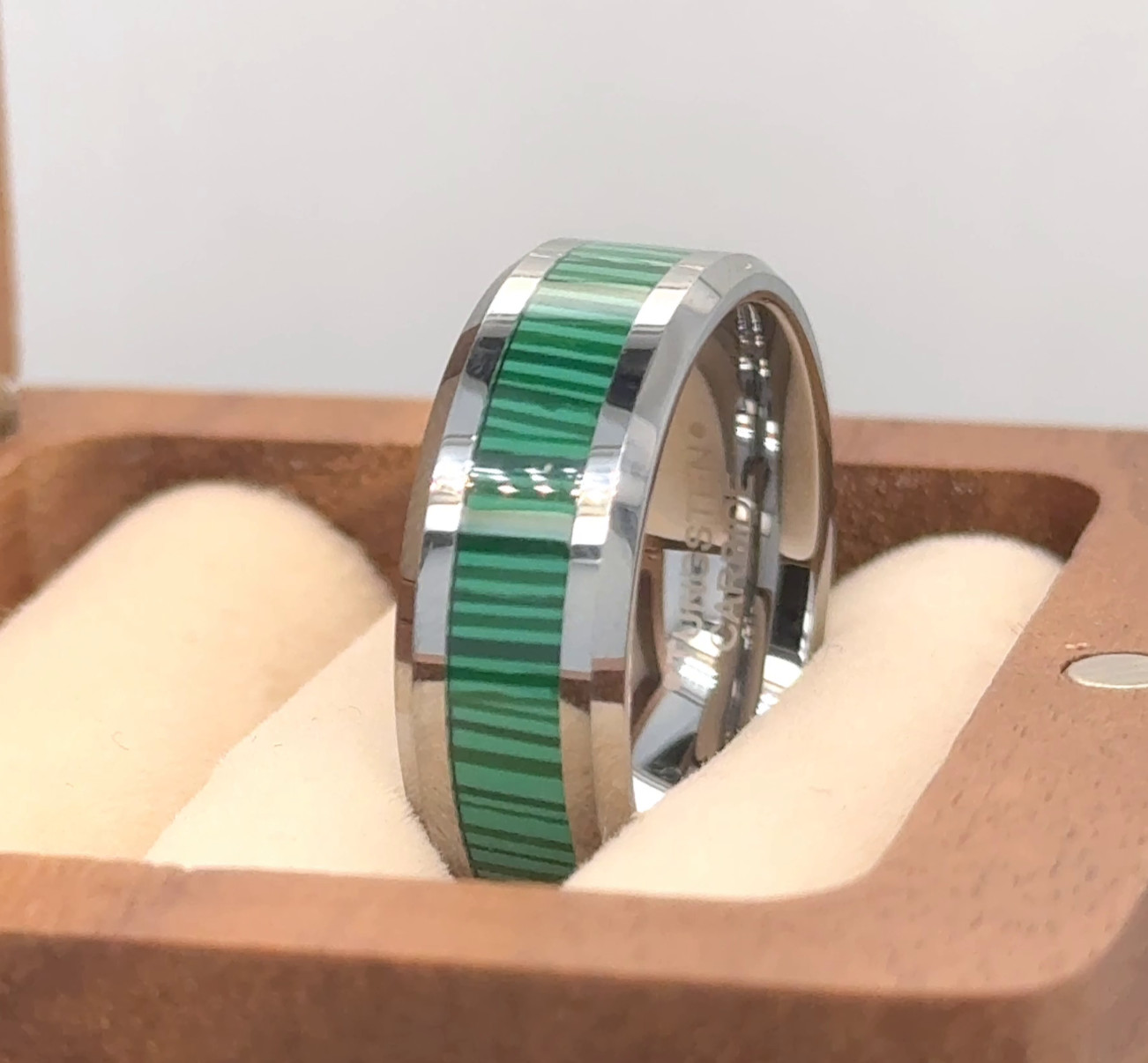 Stylish Silver Tungsten Wedding Band Green Faux Anniversary Daily Wear Ring