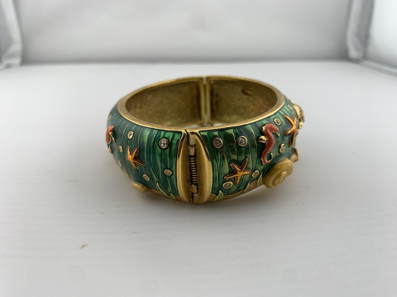Vintage Koi Fish Enamel Hinged Bangle Bracelet Green Gold Tone Rhinestone Cuff