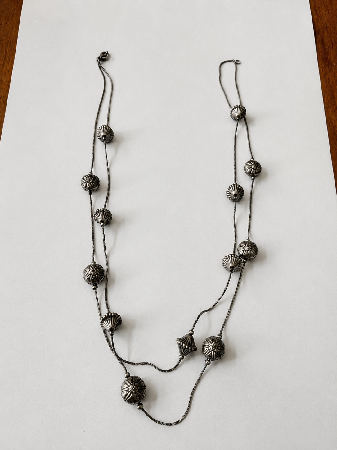 23” Antiqued Silver Tone Double Strand Embossed Bead Station Necklace Condition