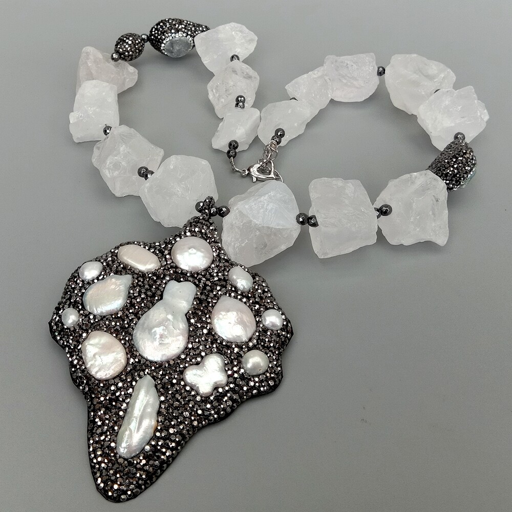 White Quartz Rough Necklace big pendant white pearl black crystal pave Pendant