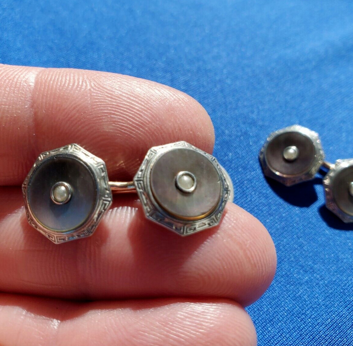 Original VINTAGE KREMENTZ ART DECO ENGRAVED PEARL CUFF LINKS OCTAGON DESIGN