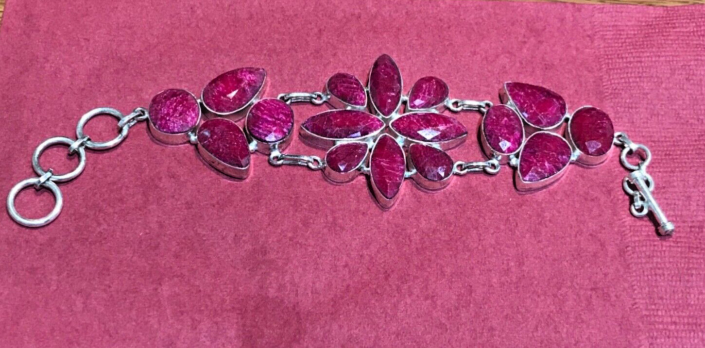 🔥925 STERLING SILVER HUGE LARGE RAW CHERRY RUBIES CHUNKY BRACELET WOMEN 8 in