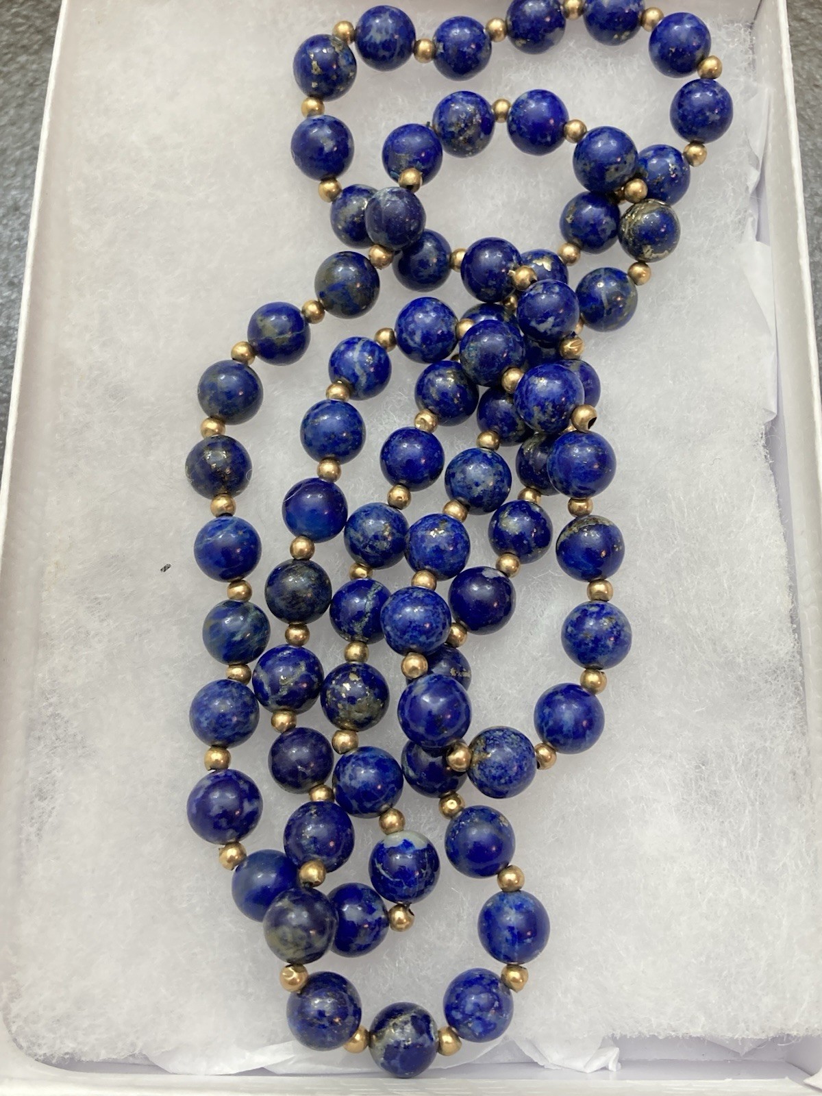 Estate Vintage 30” 7mm Blue Lapis Lazuli & 2mm 14K Gold Beaded Necklace, 57.3g