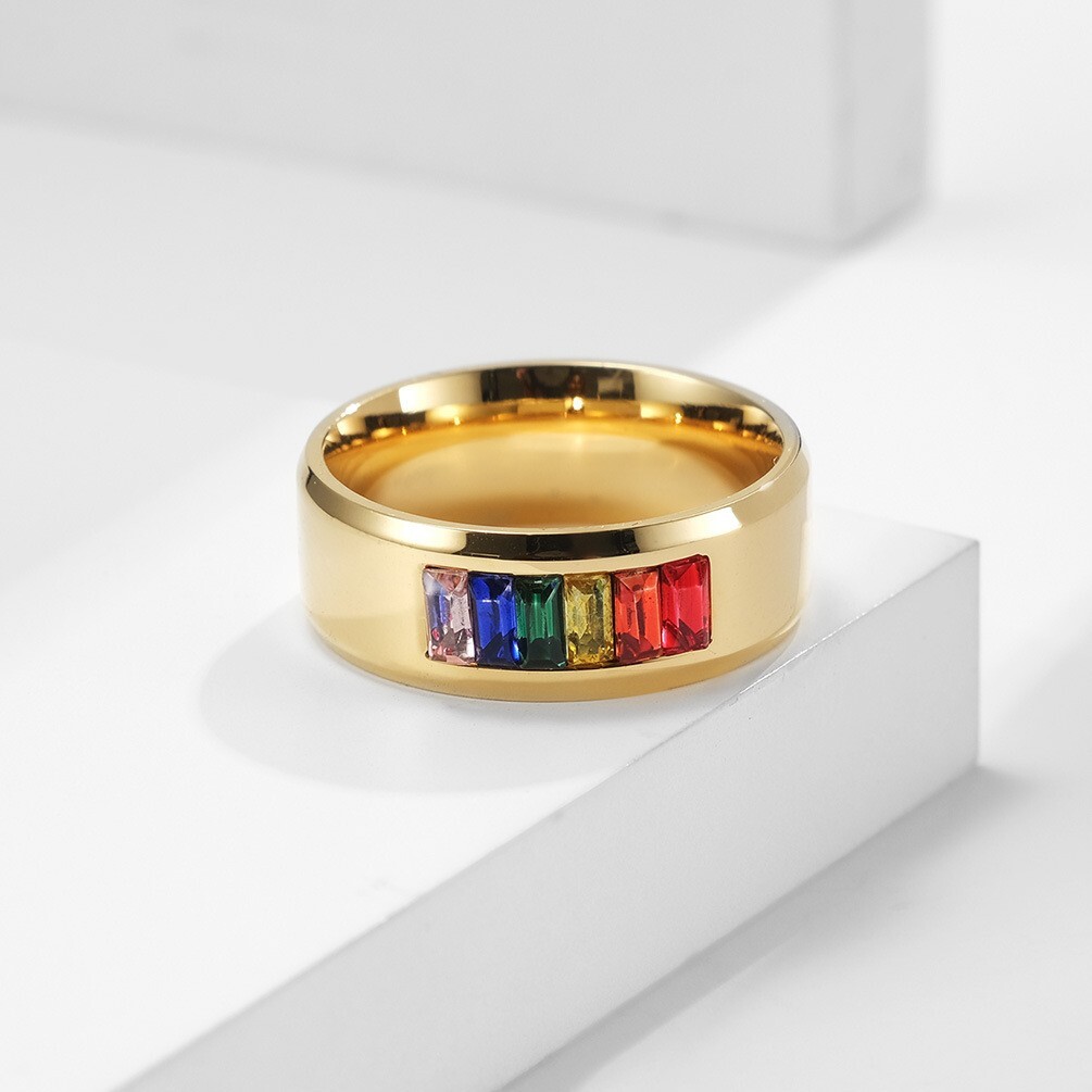 Rainbow LGBTQ Pride Colored Gem Band Ring in Stainless Steel