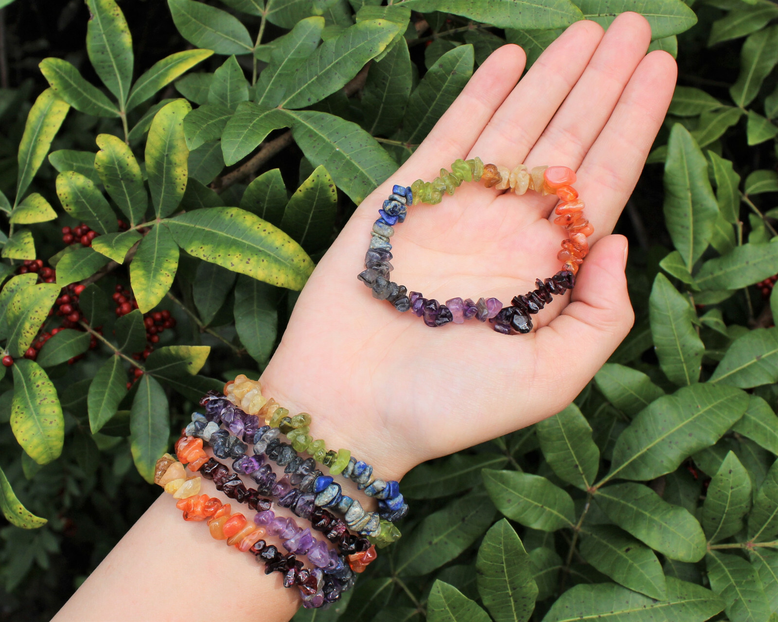 7 Chakra Chip Gemstone Bracelet, Stretch : Raw Crystal Healing US SELLER