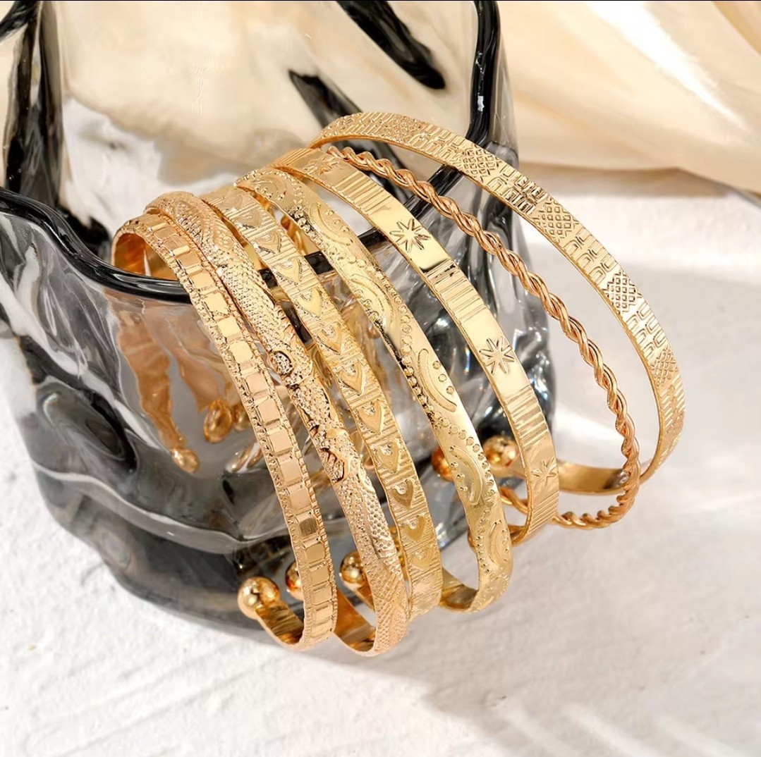 7 Pc Gold Tone Open Bangle Bracelets Fashion Jewelry For Women A1G