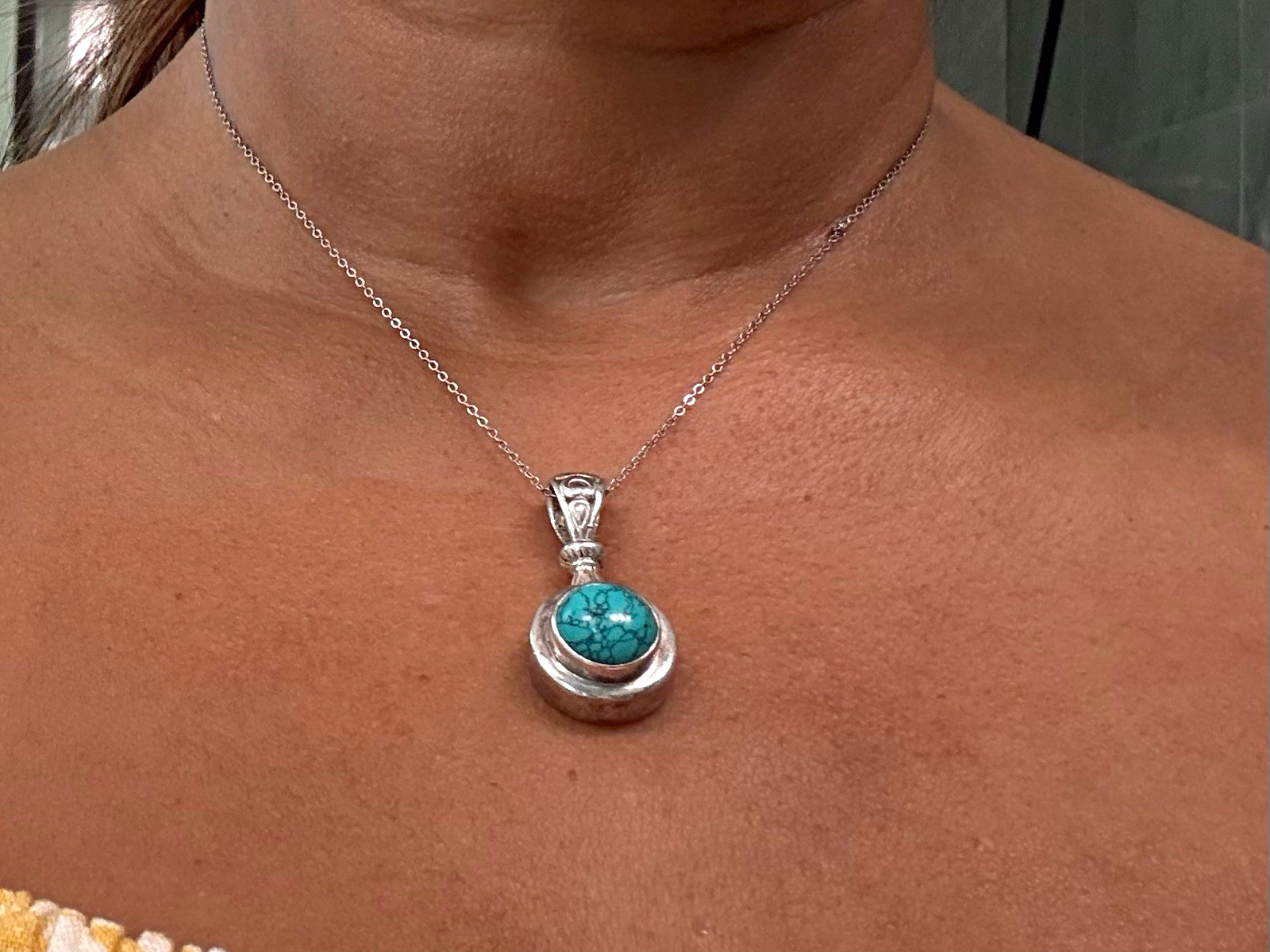 Silver Tone Cable Chain Necklace w/ Round Turquoise Blue Bezel Charm Pendant