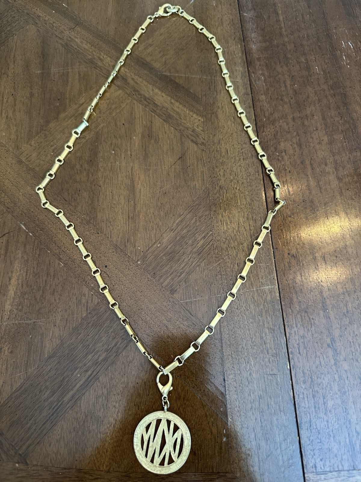 Vintage DKNY Donna Karan Pendant Statement Necklace Long Gold Tone Chain Signed!