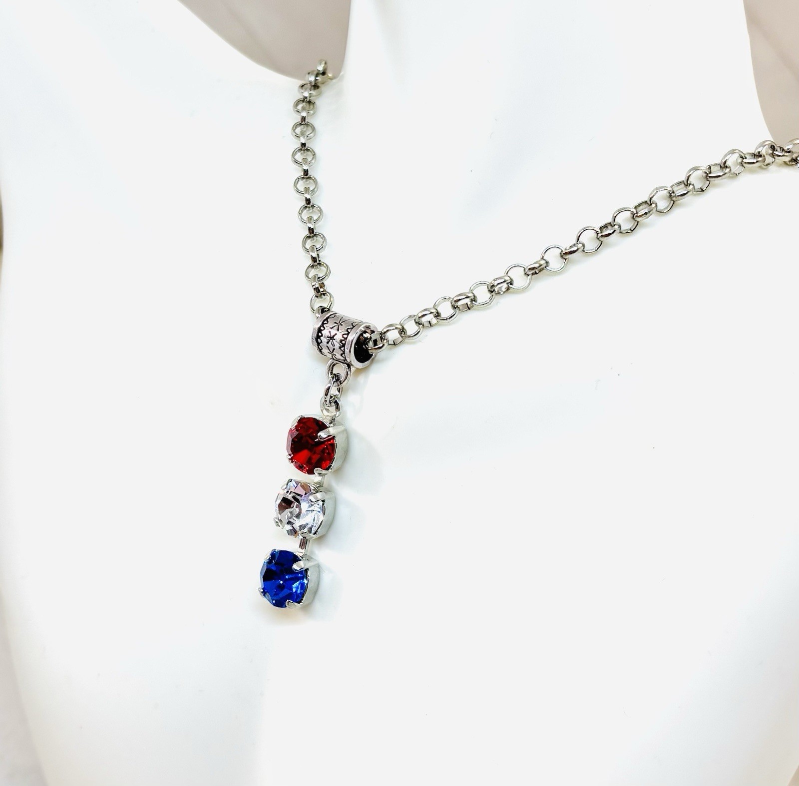 Rhodium Plated Red, White, and Blue Crystal Pendant Necklace Patriotic Necklace