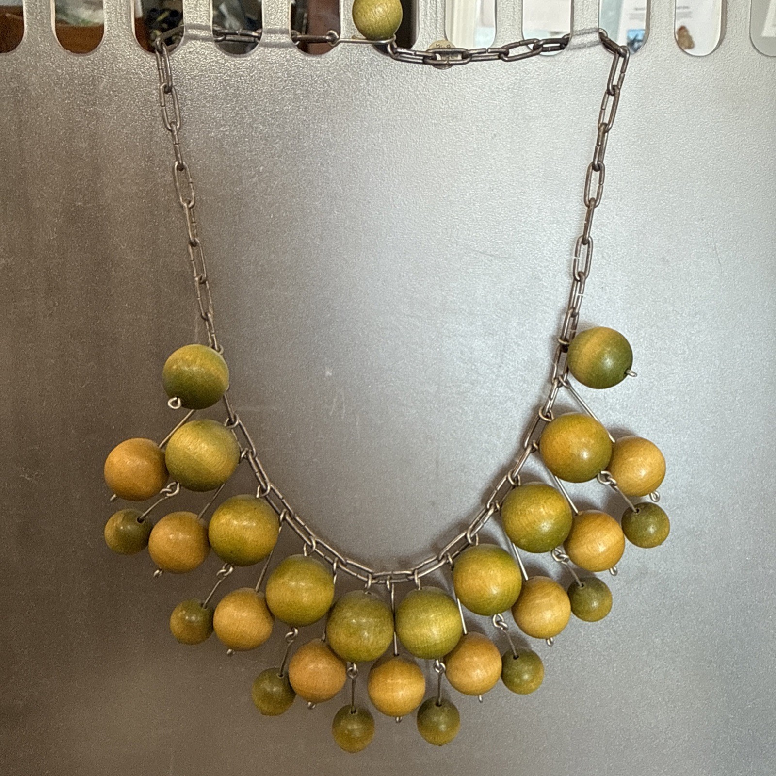 Kaija Aarikka Wood Bead Modernist Silver Paper clip Chain Ombré Green