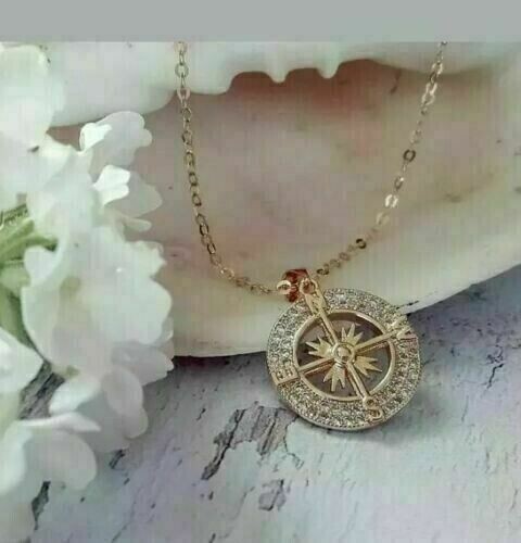 2Ct Round Cut Simulated Diamond Compass Charm Pendant In 14K Yellow Gold Plated