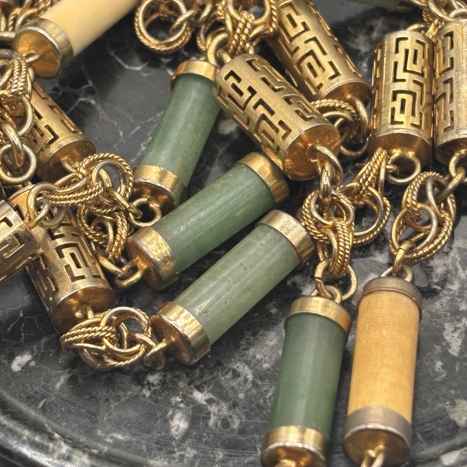 Pair Chinoiserie Style Gold Tone Jade Necklaces Ornate 29” Philippine