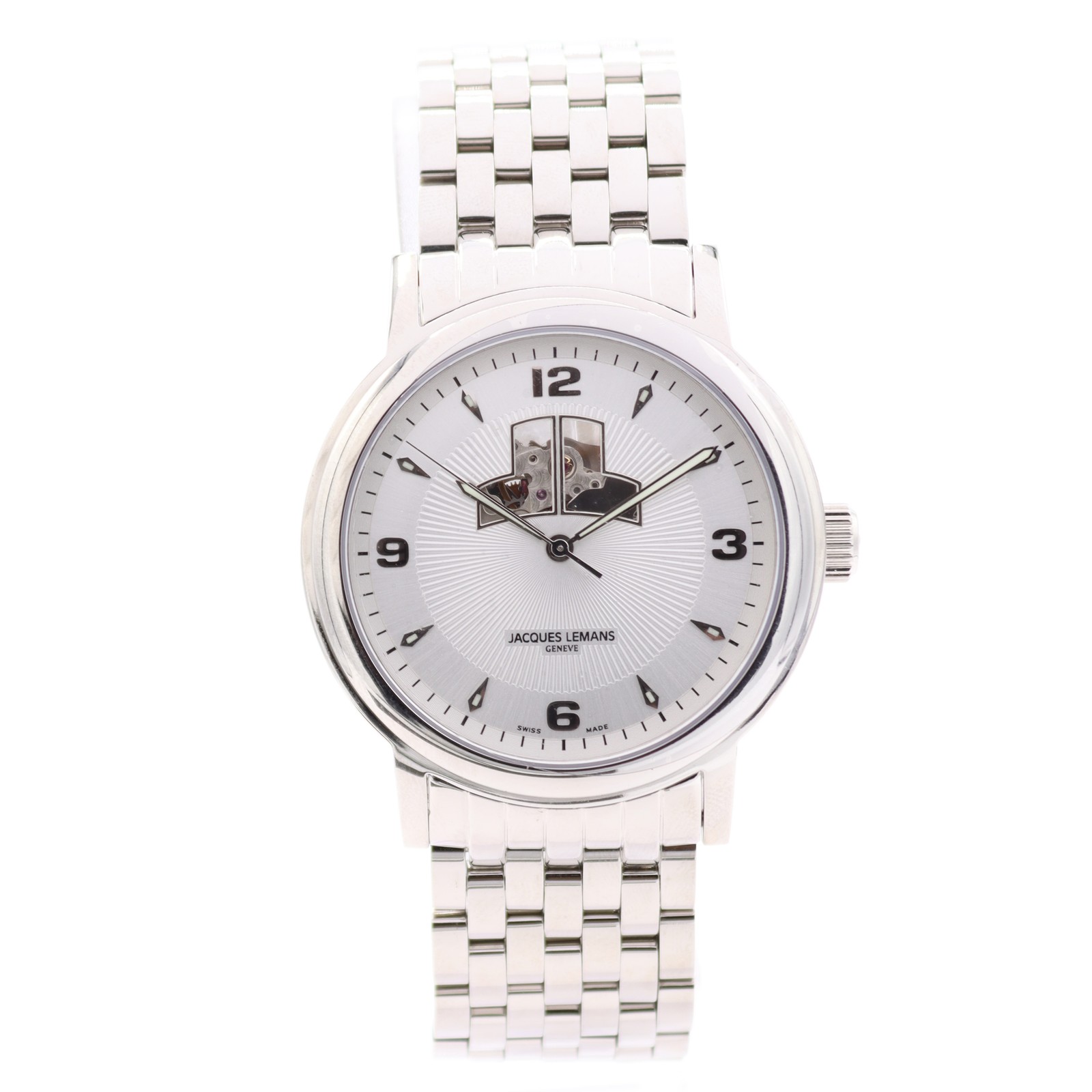 42mm Jacques Lemons Geneve G-180 Open Heart Men’s Automatic Wristwatch Steel NOS