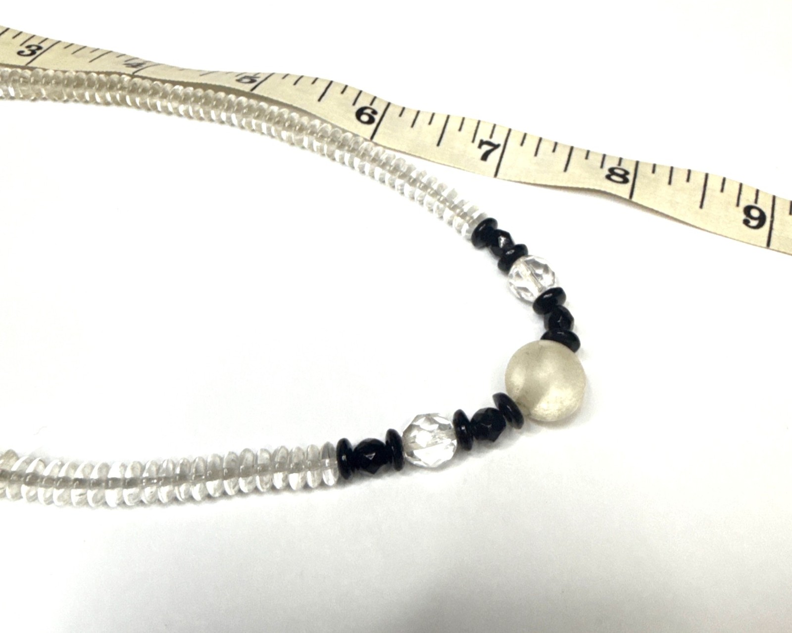 Handmade Beaded Necklace Clear Black Glass Beads White Center Stone Jewelry
