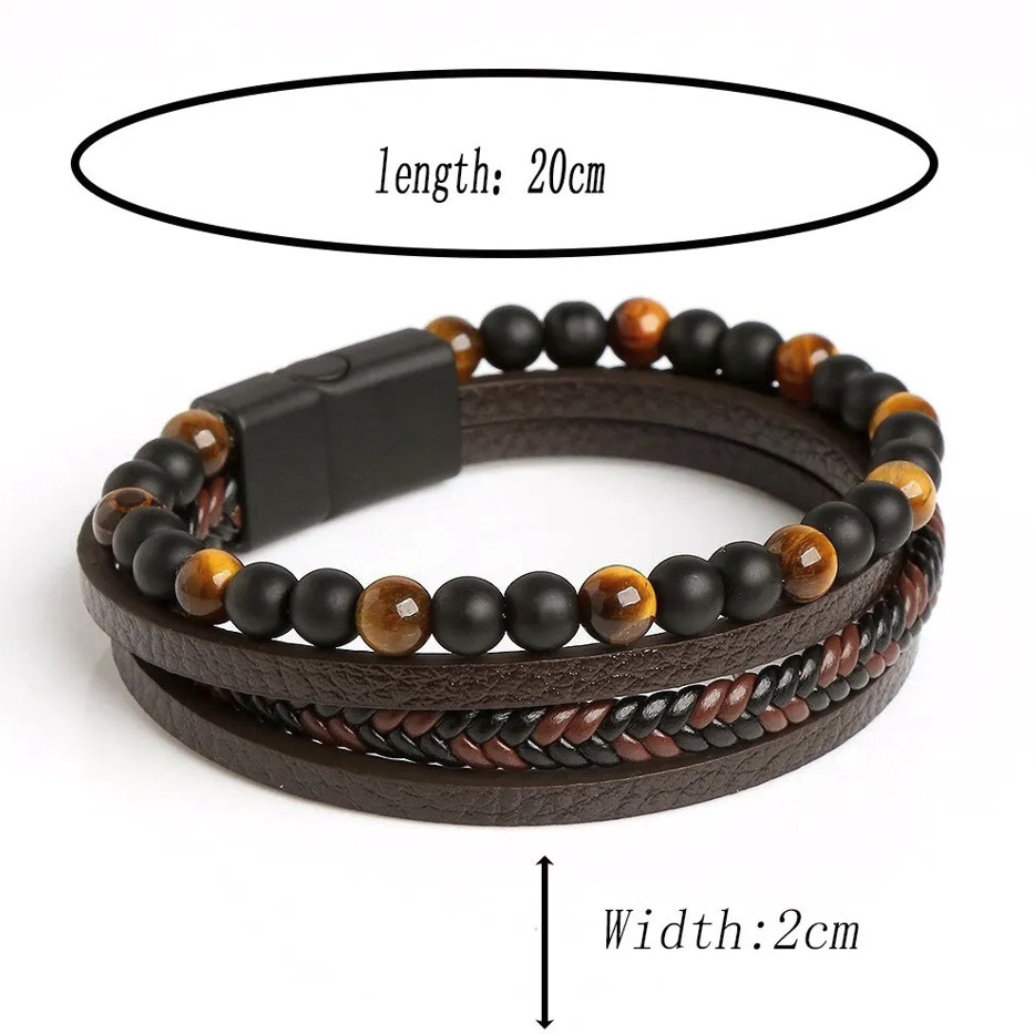 1pc Men Leather Tiger Eye Beaded Bracelet Multi Layer Wrap Style – NEW