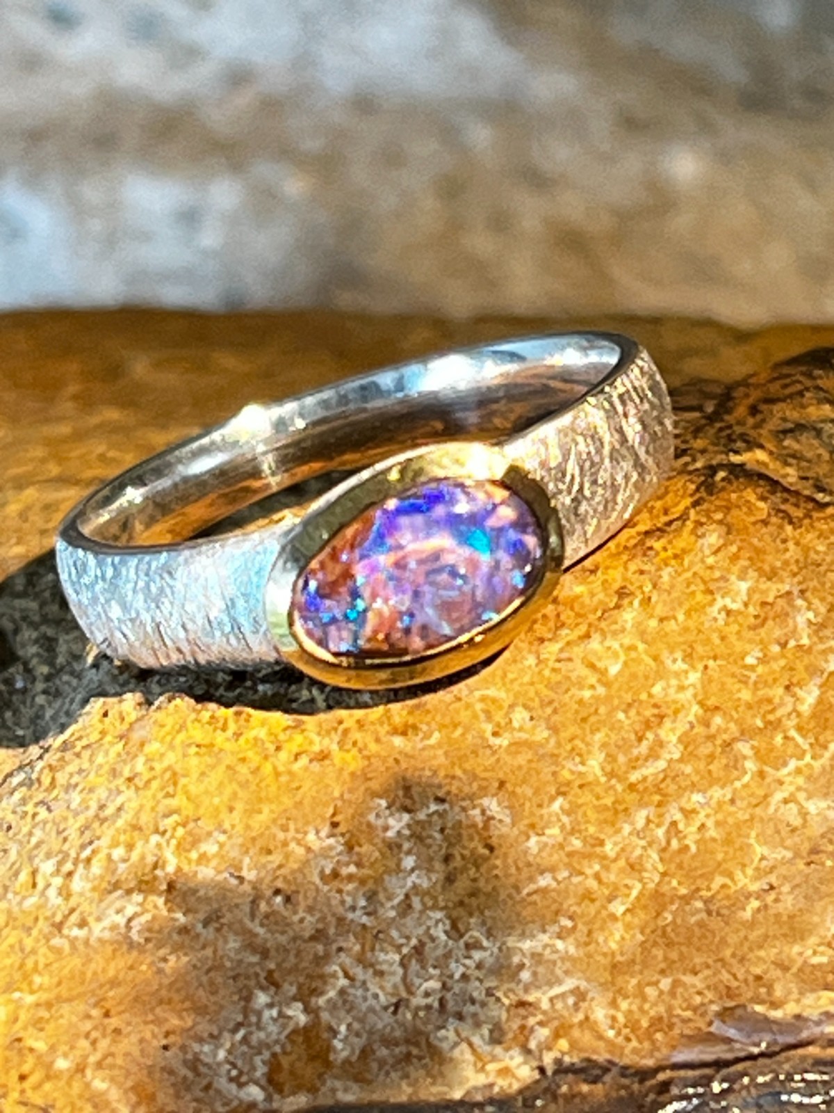 Blue Red Moon Opal 10mm x 7mm Ring in Sterling Silver with Gold Plated Setting